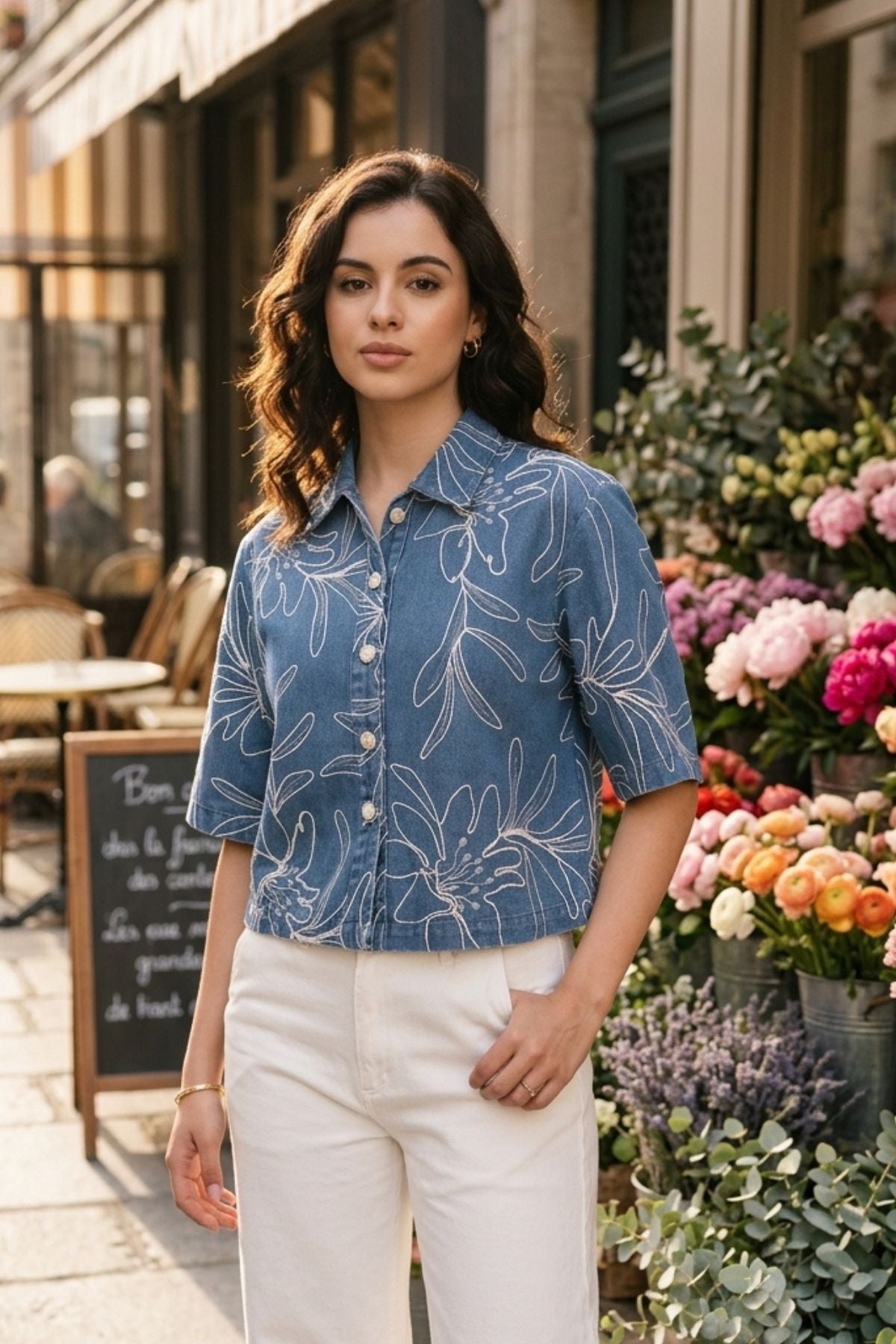 COVE EMBROIDERED DENIM SHIRT WITH JEWEL BUTTONS - Sunday Story