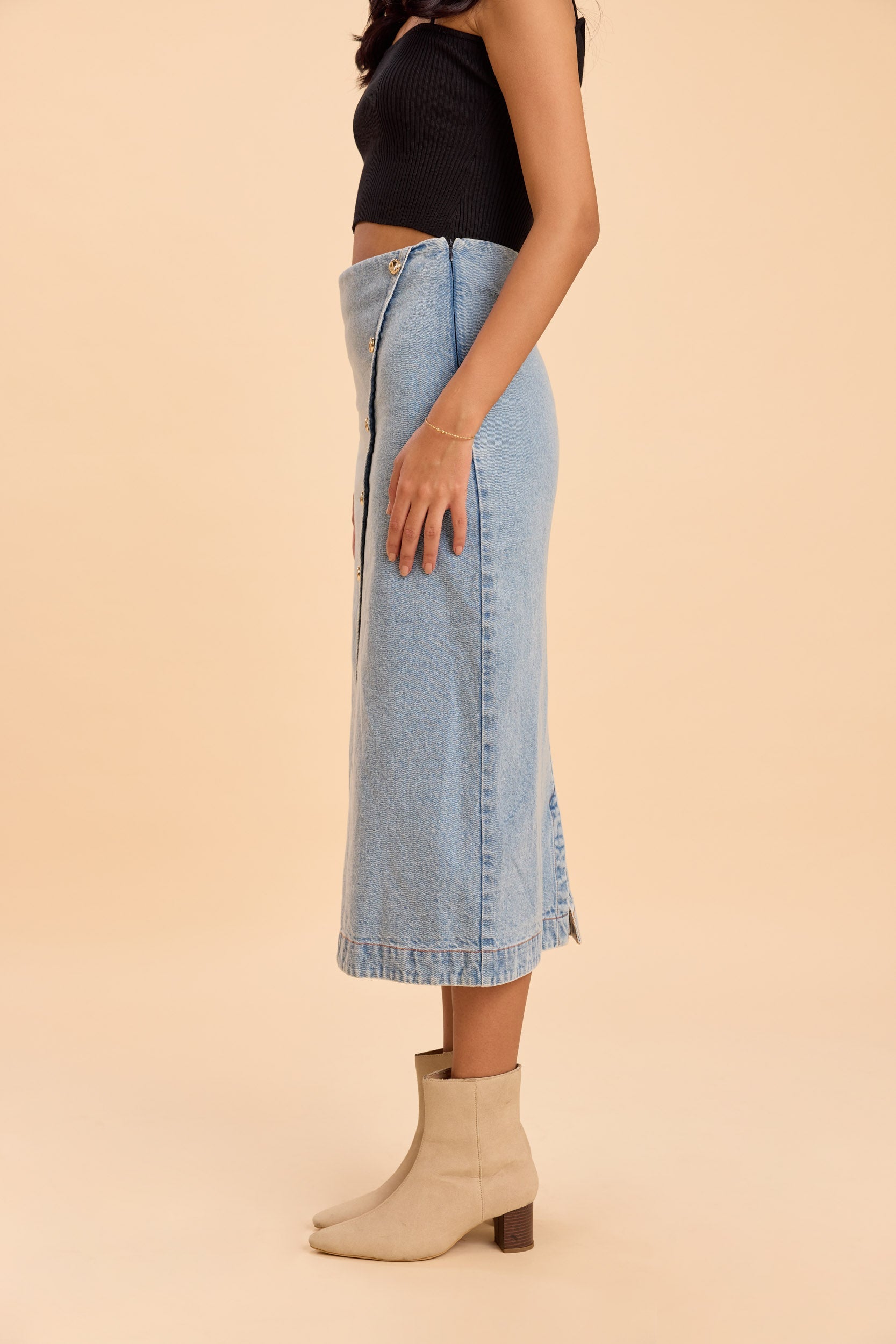 LILY COTTON DENIM ASSYMETRIC MIDI PENCIL SKIRT