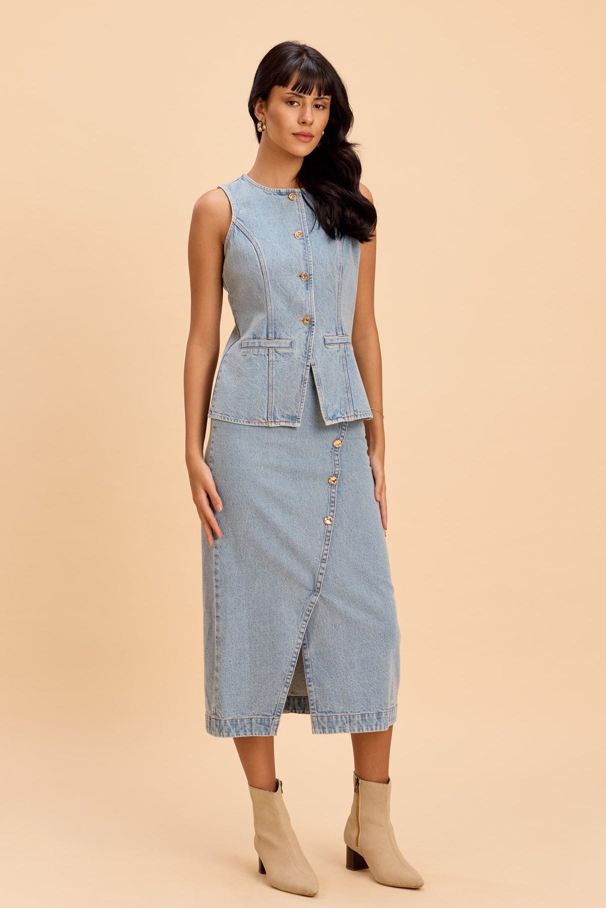 IRIS COTTON DENIM VEST WITH STATEMENT BUTTONS