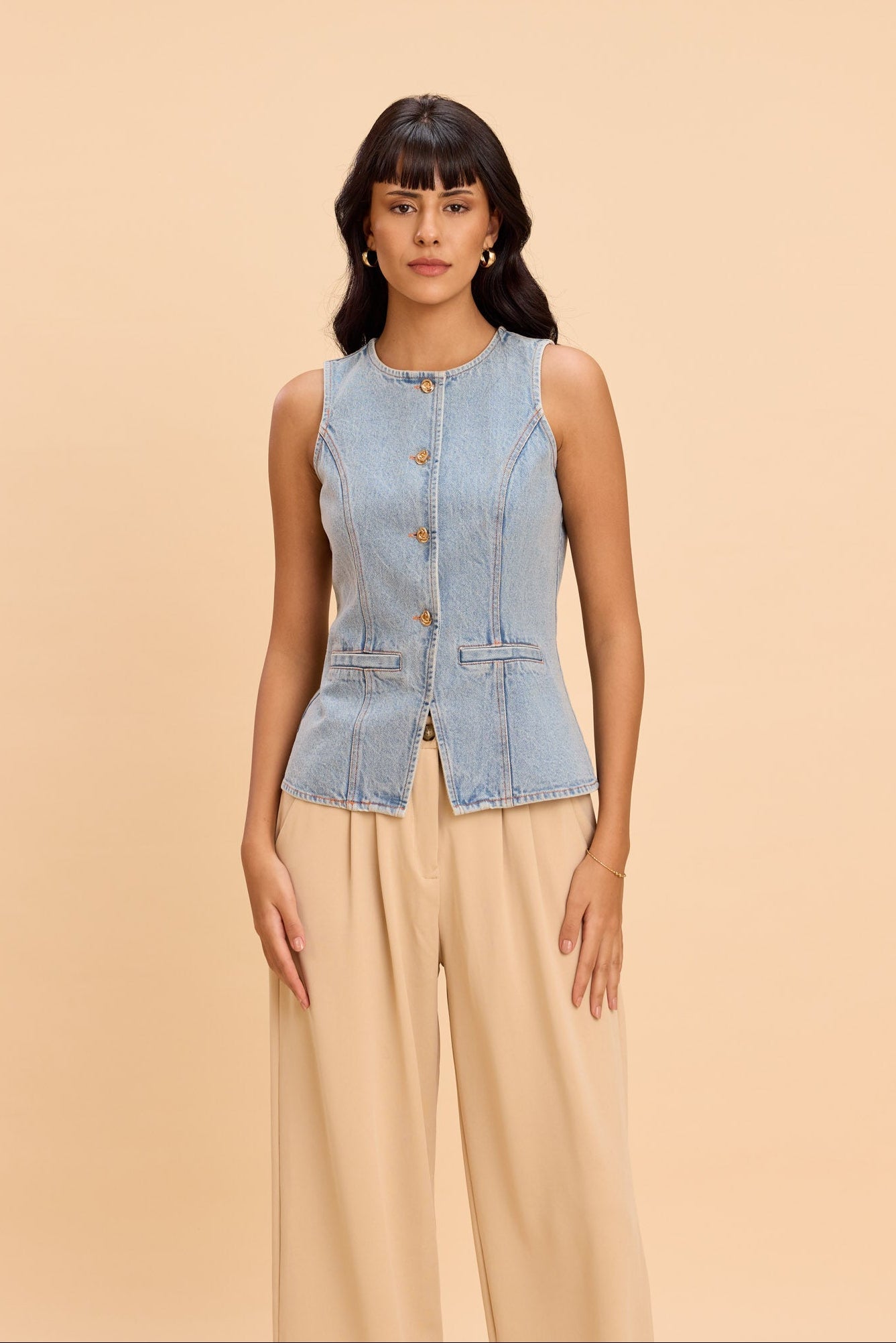 IRIS COTTON DENIM VEST WITH STATEMENT BUTTONS