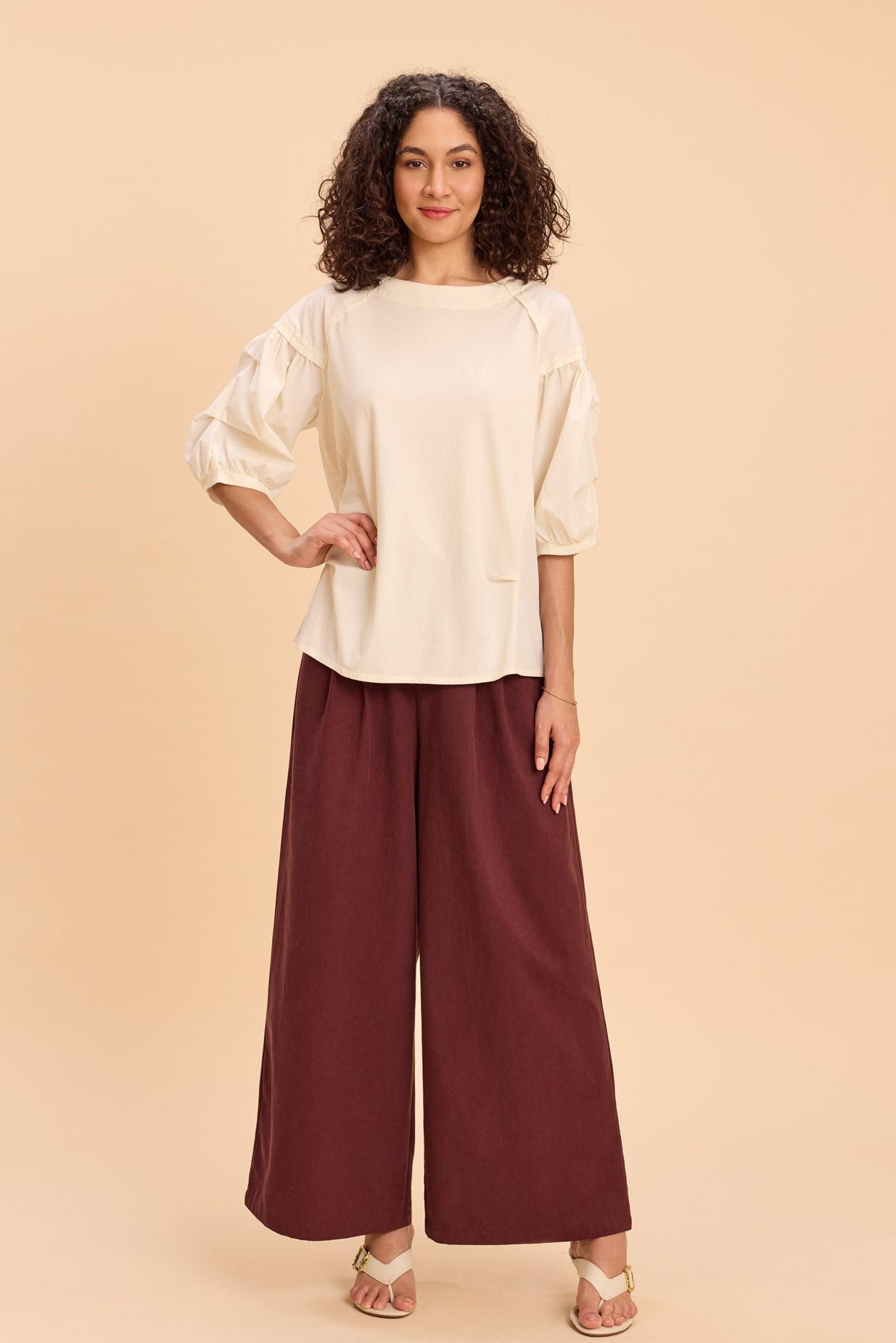 ELIZA FABRIC-MIX PUFF SLEEVED OVERSIZED T-SHIRT - Sunday Story