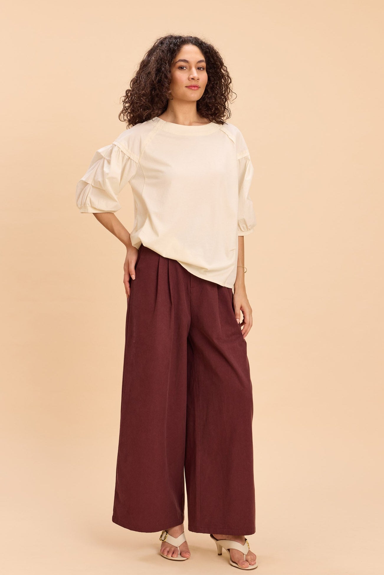 ELIZA FABRIC-MIX PUFF SLEEVED OVERSIZED T-SHIRT - Sunday Story