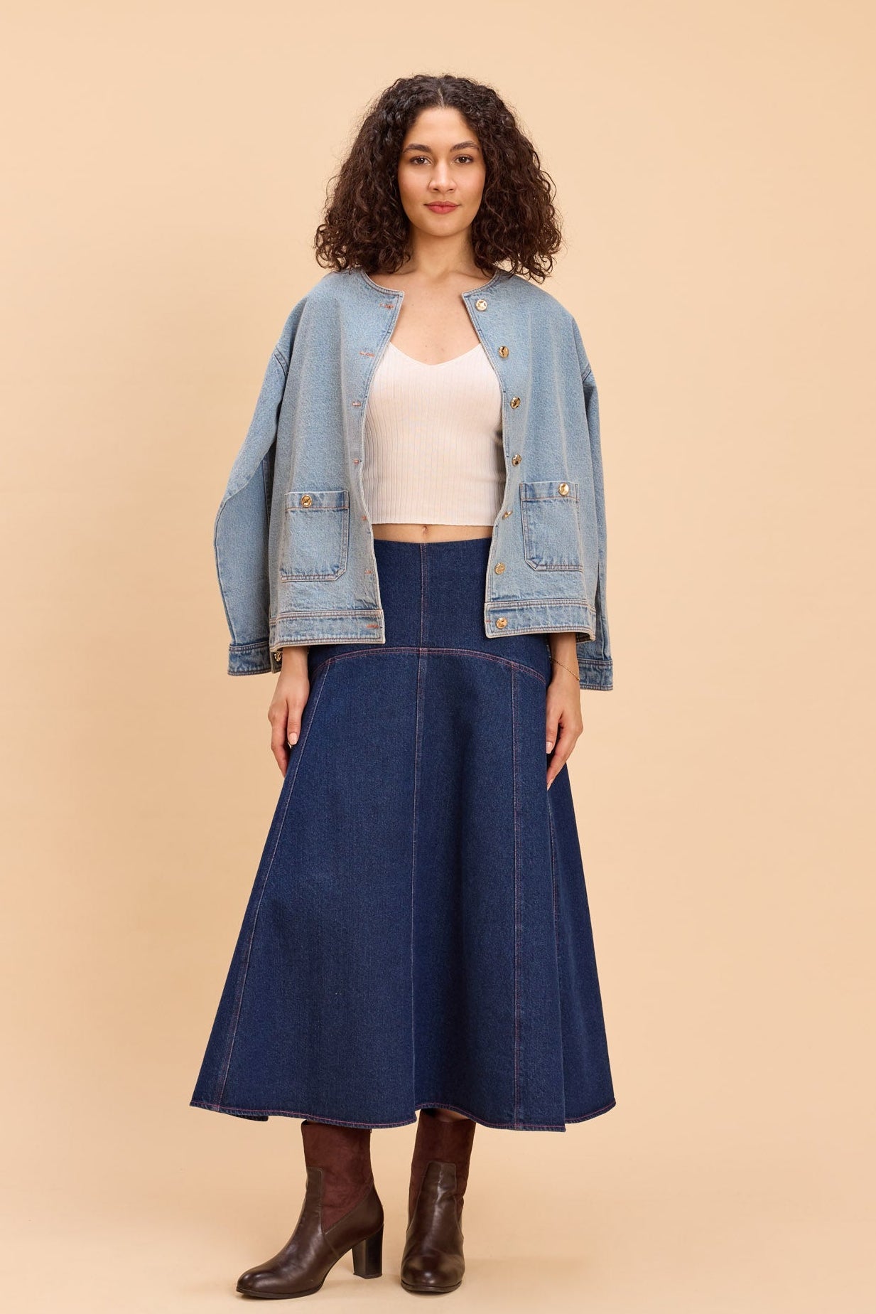 CARNATION A-LINE COTTON DENIM MIDI SKIRT