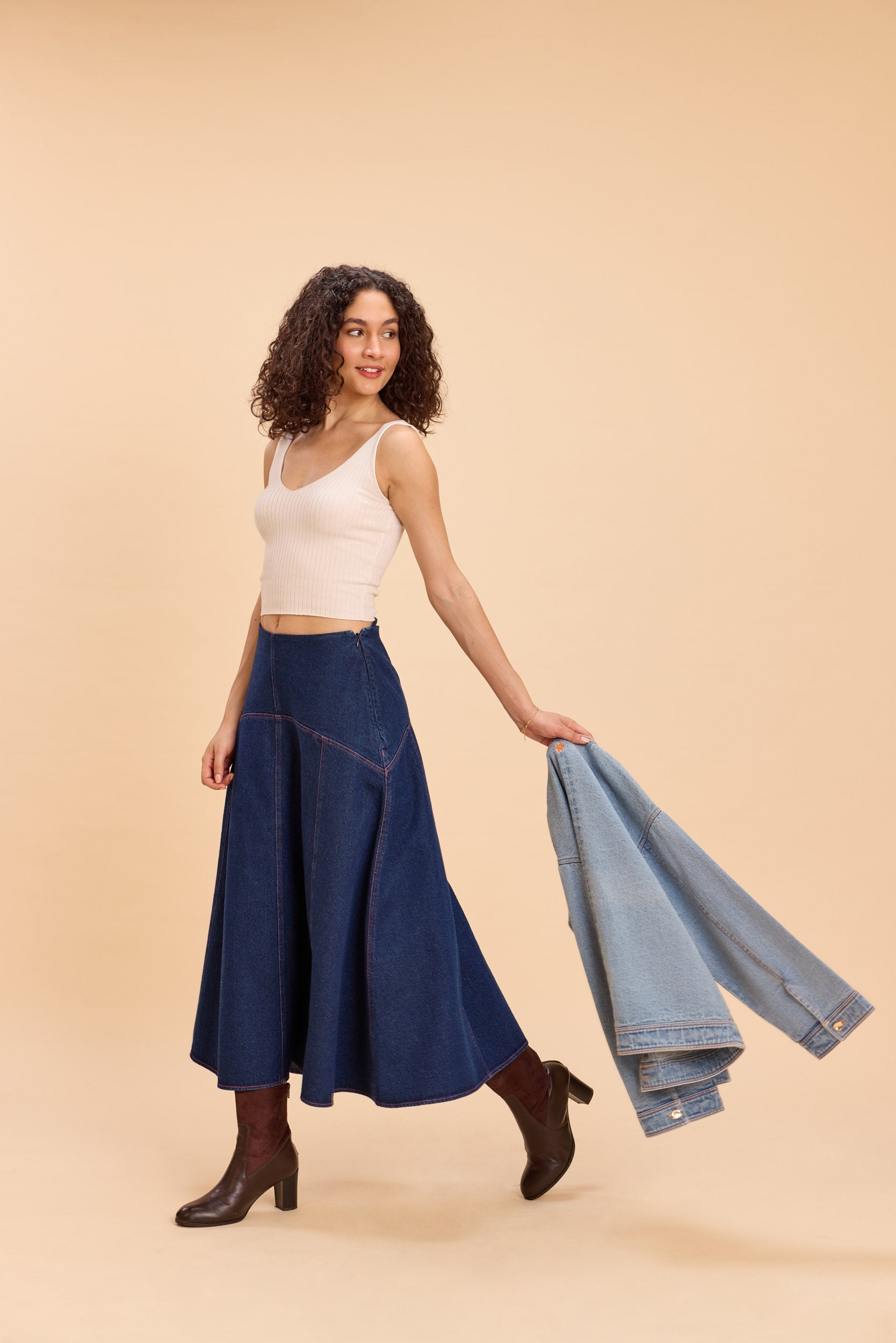 CARNATION A-LINE COTTON DENIM MIDI SKIRT