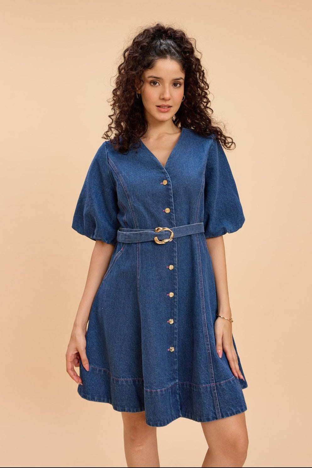 ALORA COTTON DENIM FIT AND FLARE V-NECK SHORT DRESS - Sunday Story