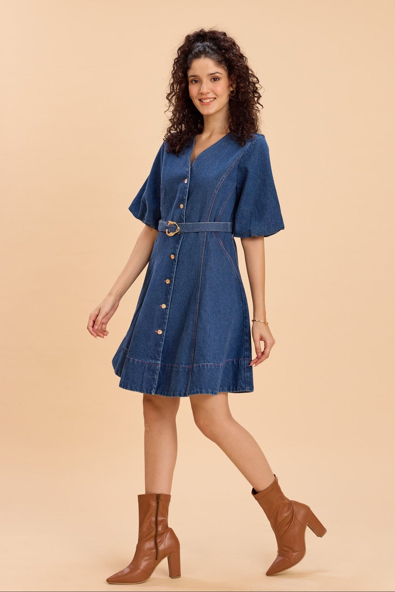 ALORA COTTON DENIM FIT AND FLARE V-NECK SHORT DRESS - Sunday Story