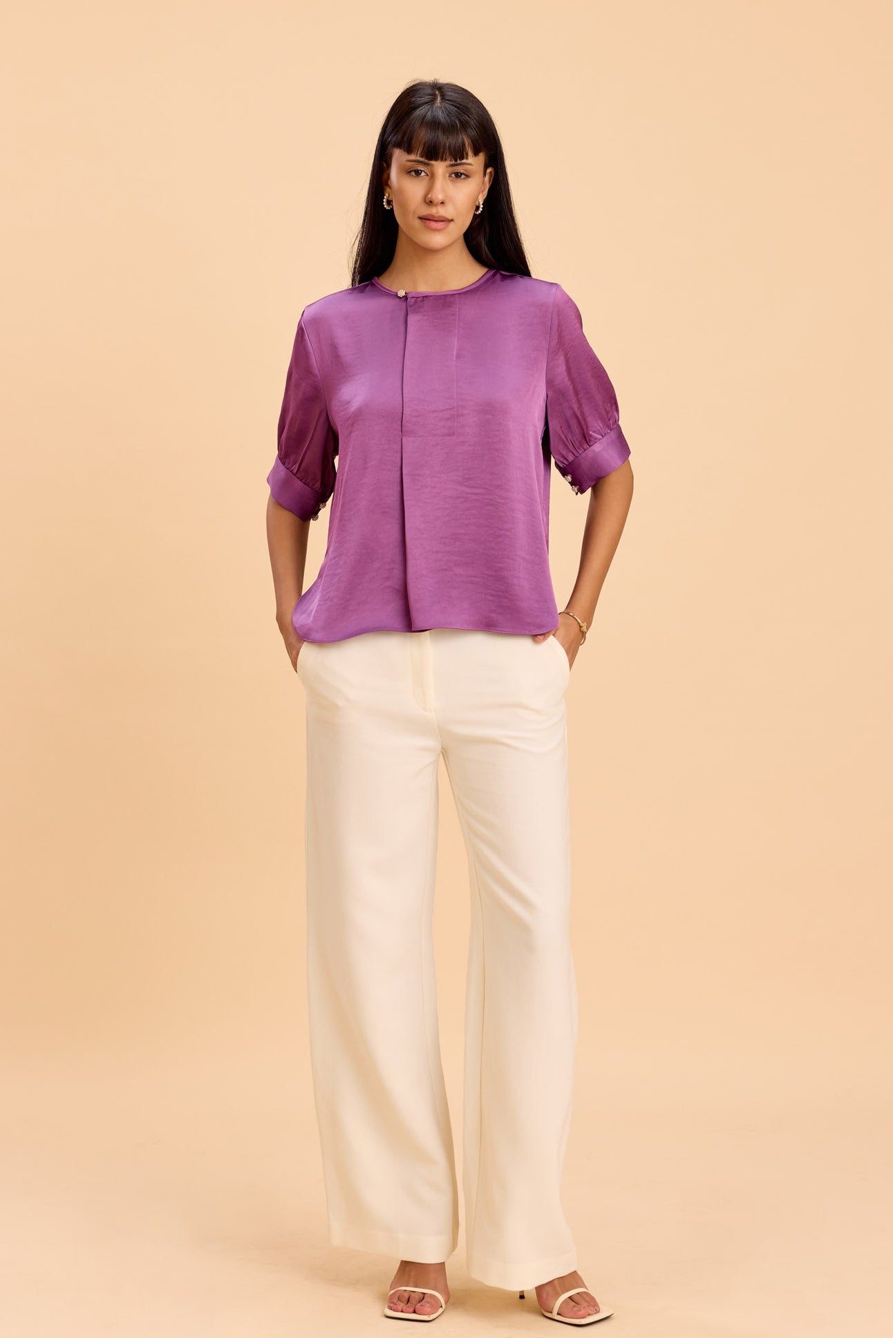 DARLENE LUXE SATIN TOP WITH JEWEL PEARL BUTTONS - Sunday Story