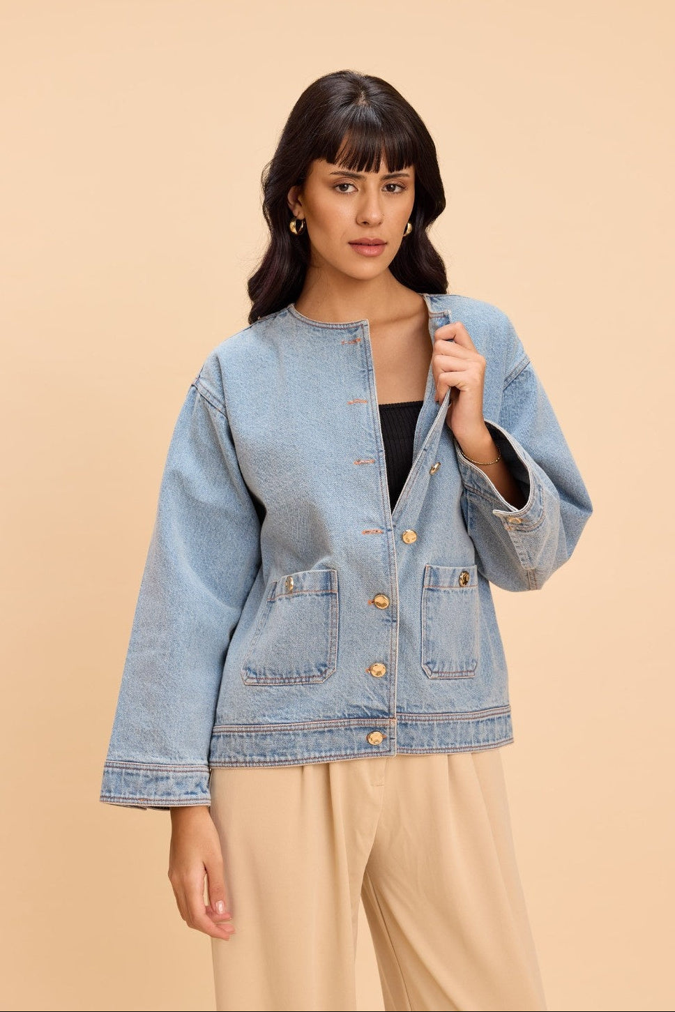 LILY COTTON DENIM BOXY JACKET WITH WIDE SLEEVES