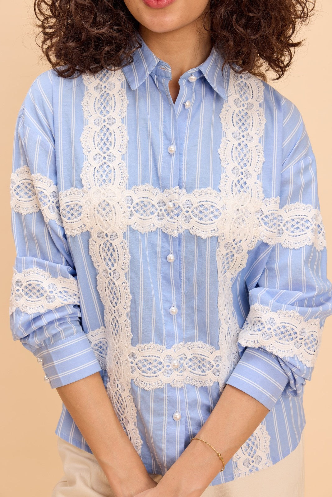 PEONY YARN DYED STRIPE SHIRT WITH LACE DETAIL