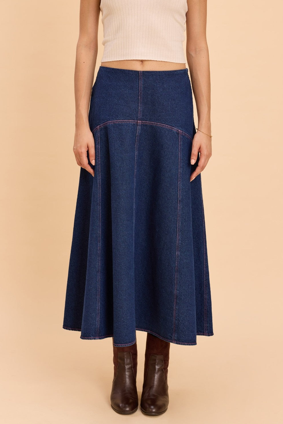 CARNATION A-LINE COTTON DENIM MIDI SKIRT