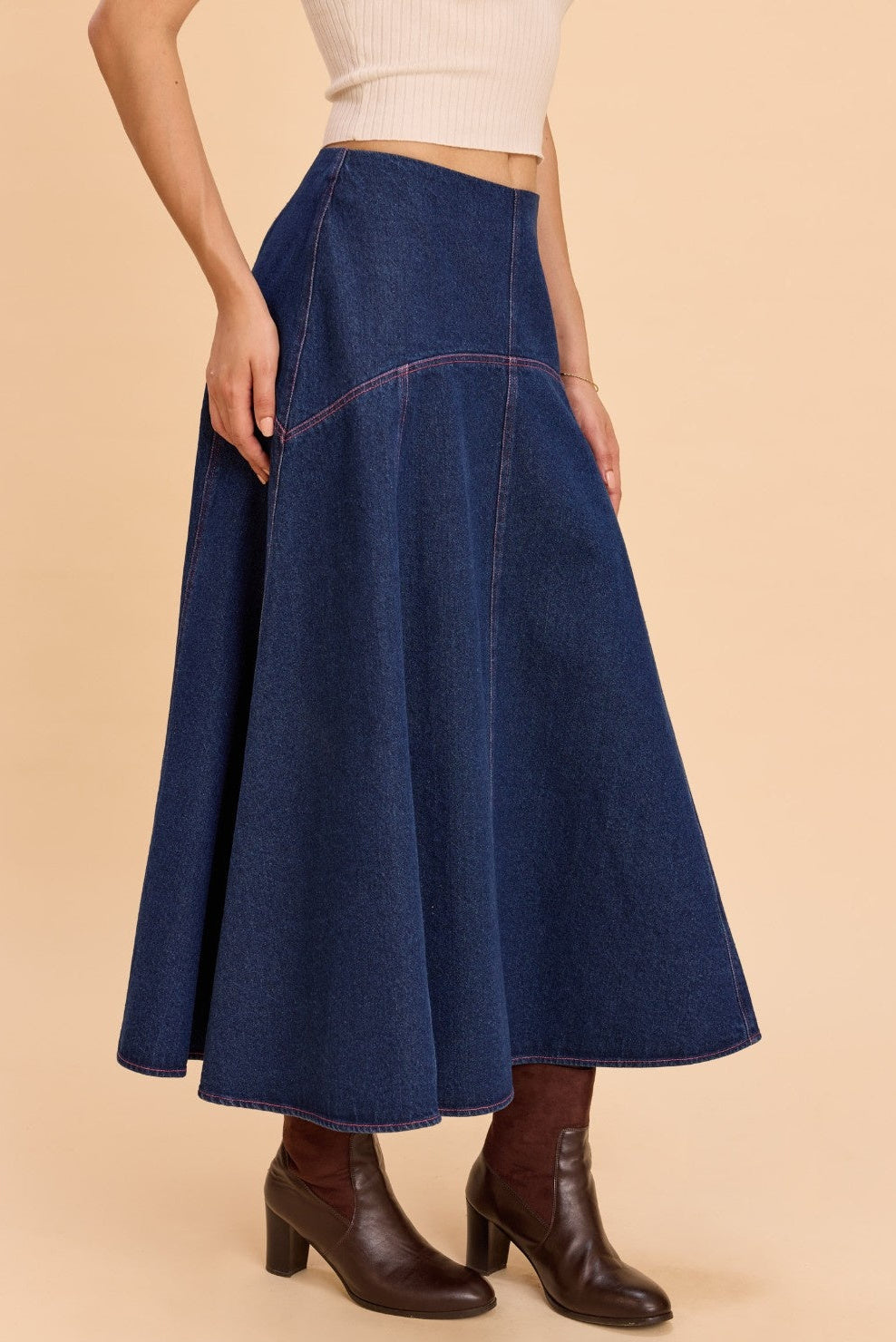 CARNATION A-LINE COTTON DENIM MIDI SKIRT