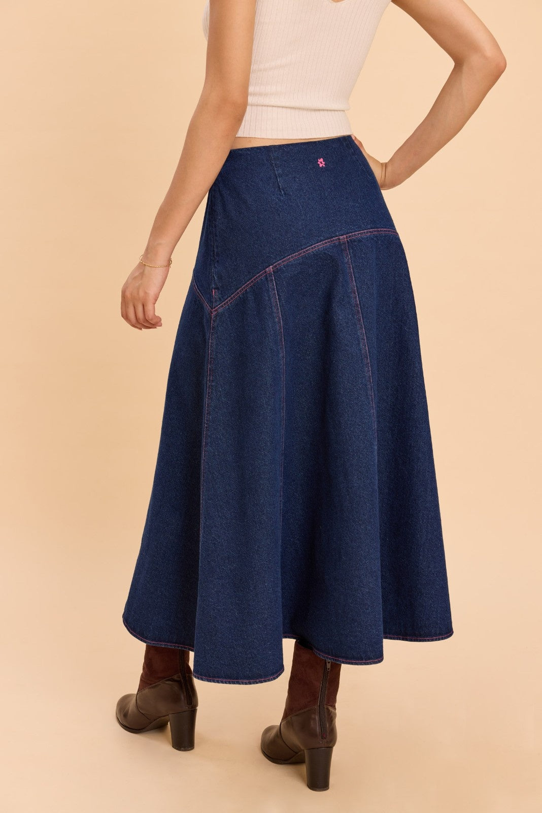 CARNATION A-LINE COTTON DENIM MIDI SKIRT