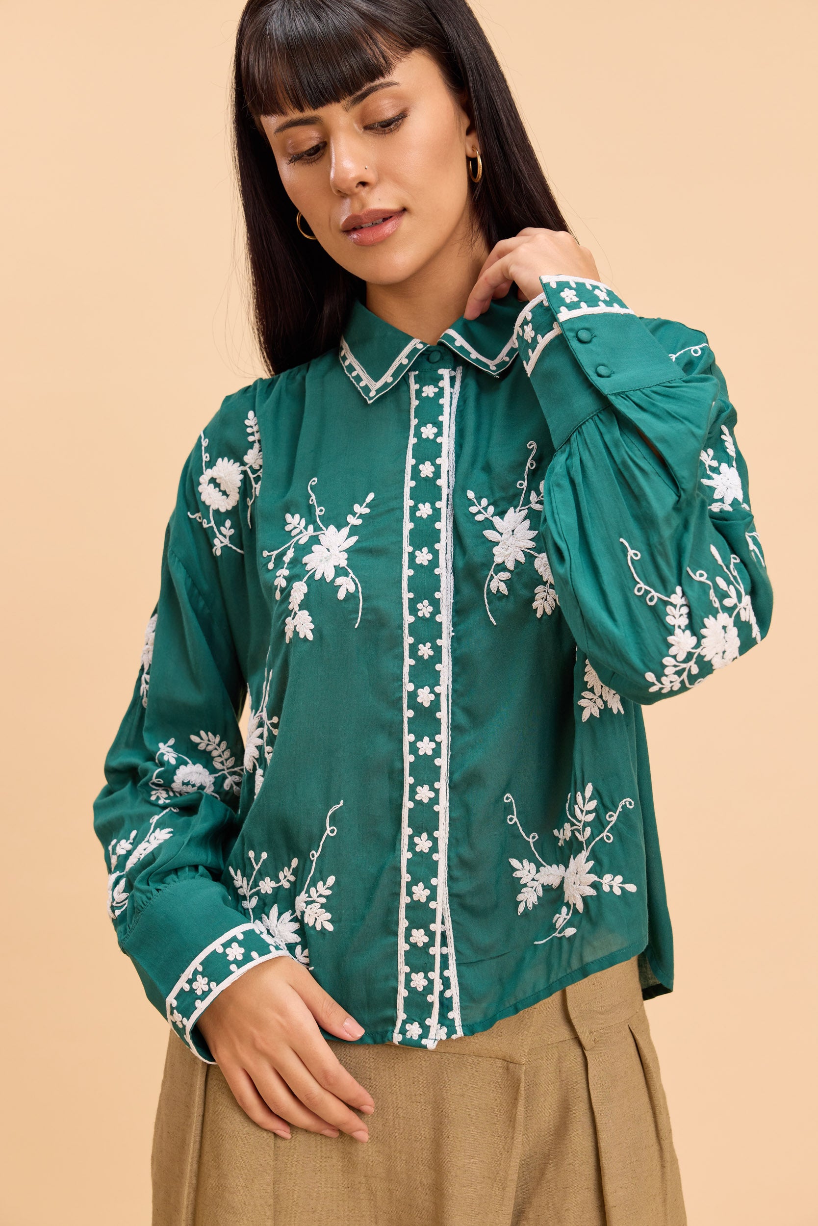 CORI MODAL EMBROIDERED SHIRT WITH VOLUMINOUS SLEEVES - Sunday Story