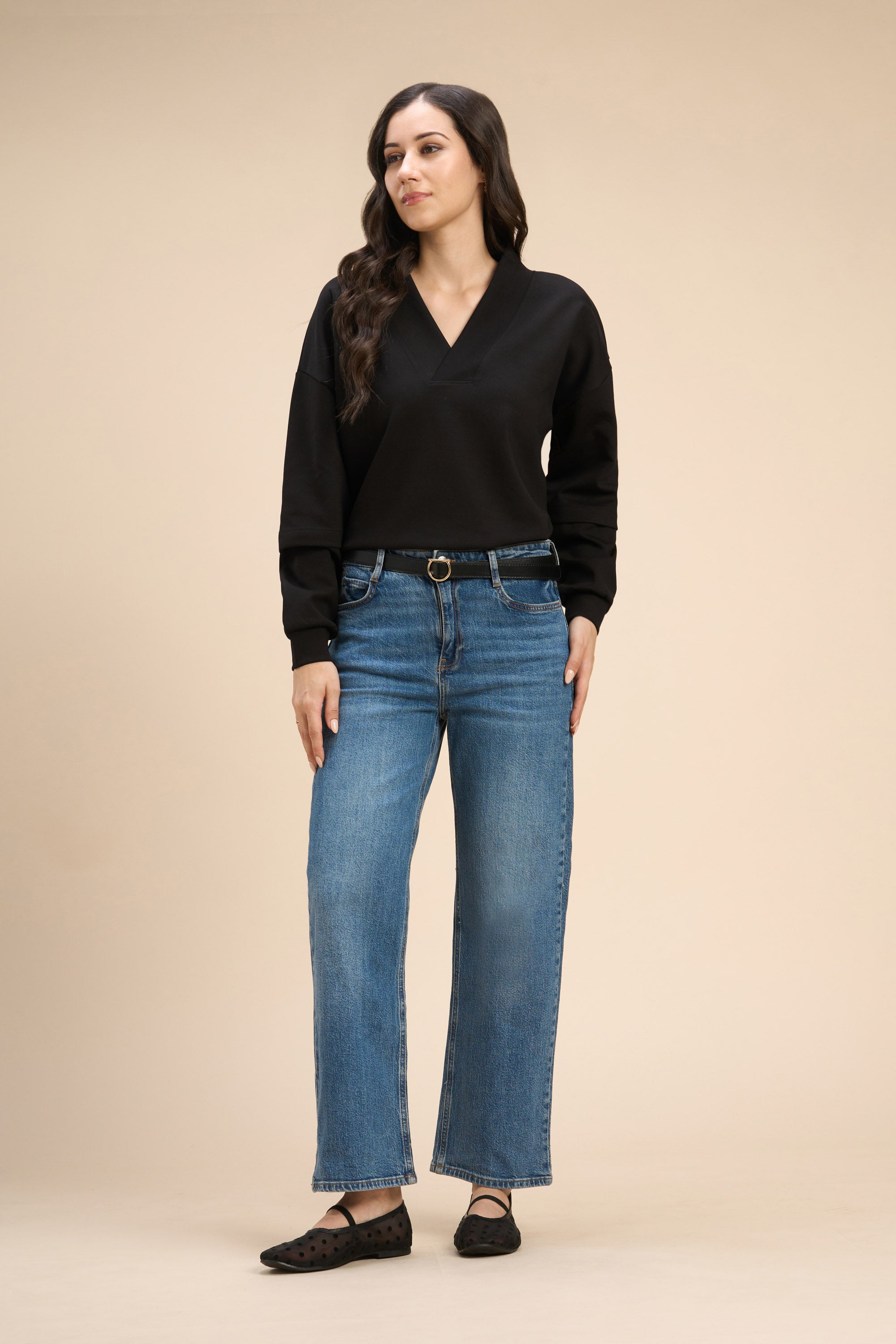 PAMELA V-NECK DROP FULL SLEEVE T-SHIRT IN FLUID JERSEY - Sunday Story