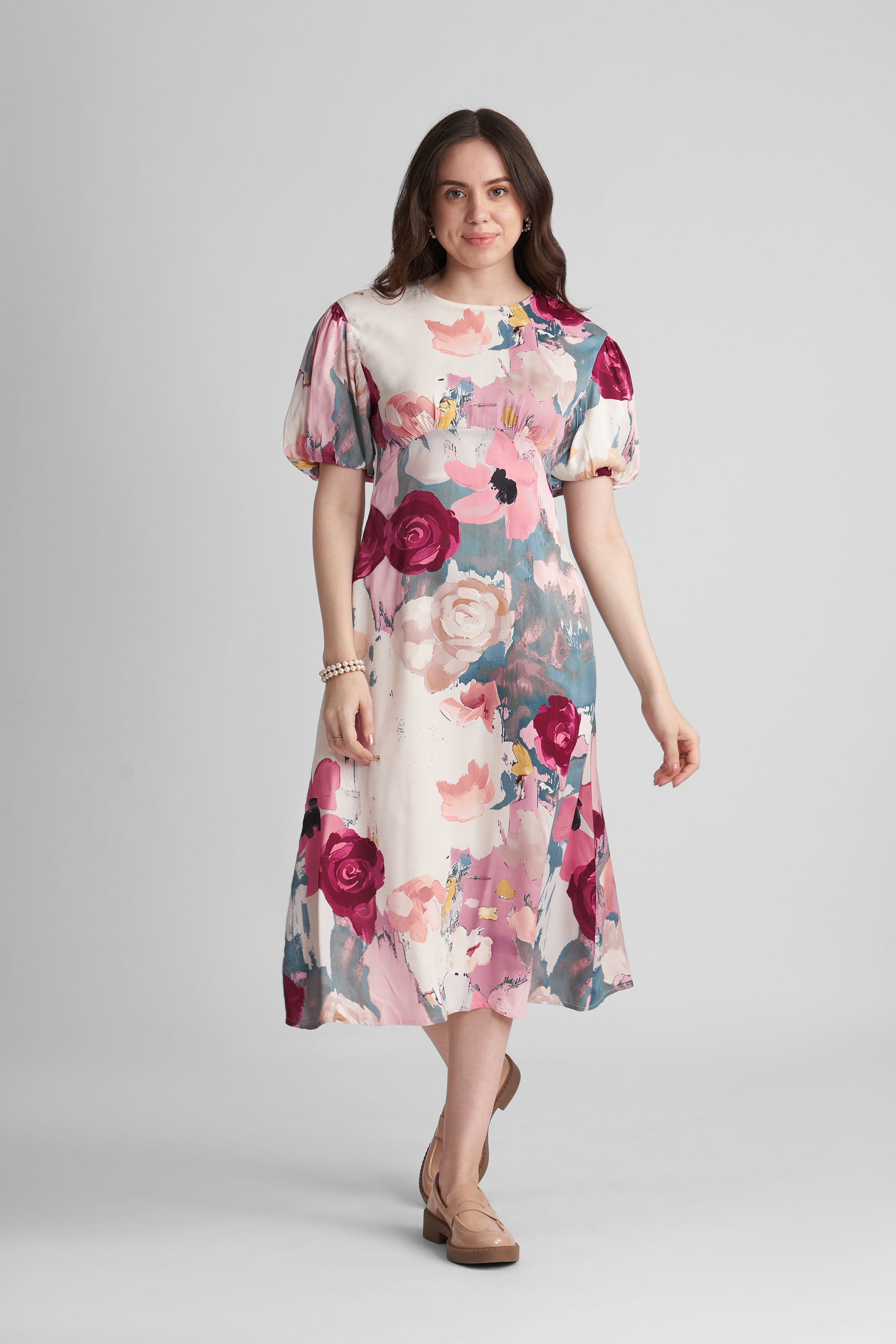 PALMONA PRINTED VISCOSE SATIN MIDI DRESS WITH VOLUMINOUS SLEEVES - Sunday Story