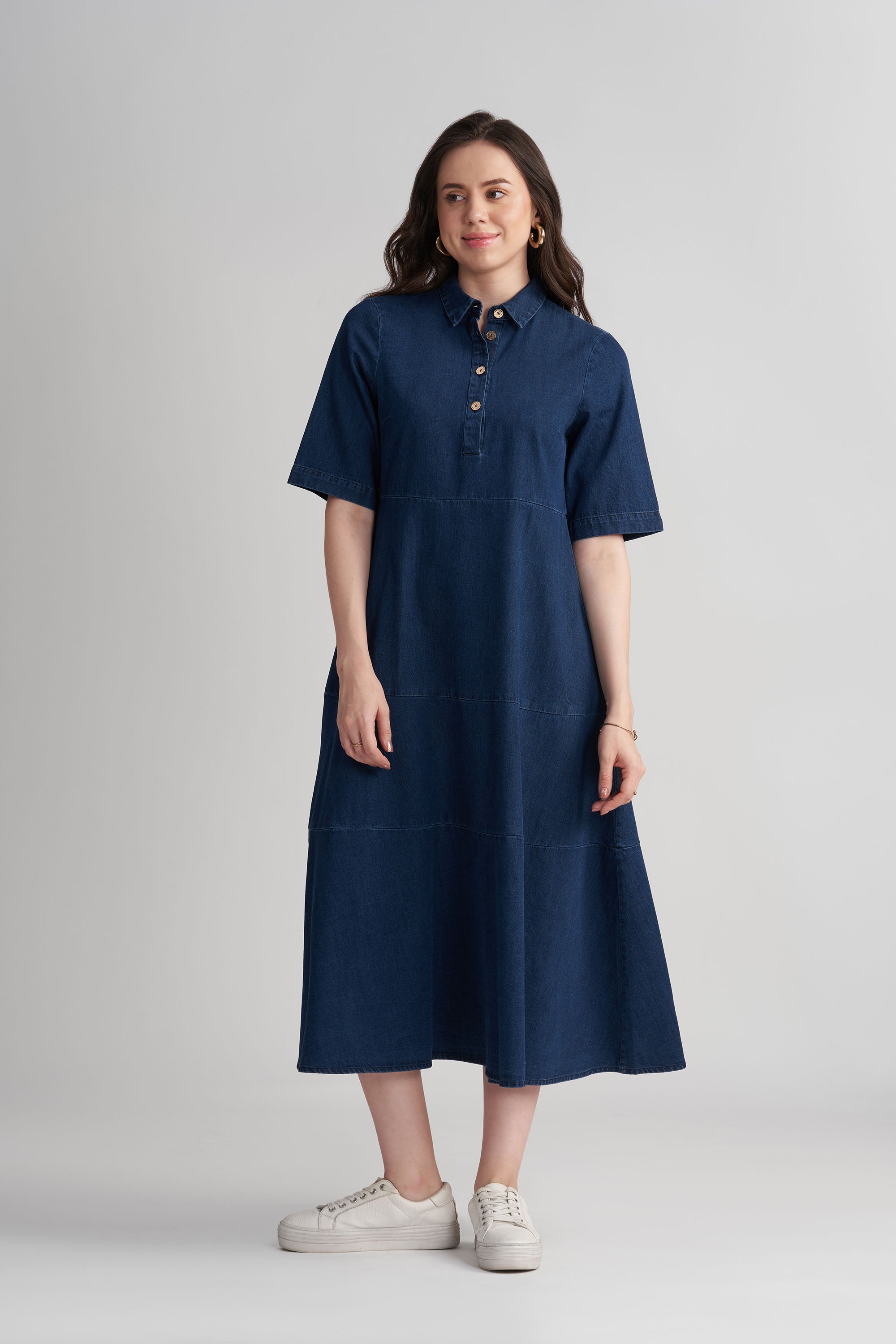 CALLIN A-LINE MAXI PANELLED DENIM DRESS - Sunday Story