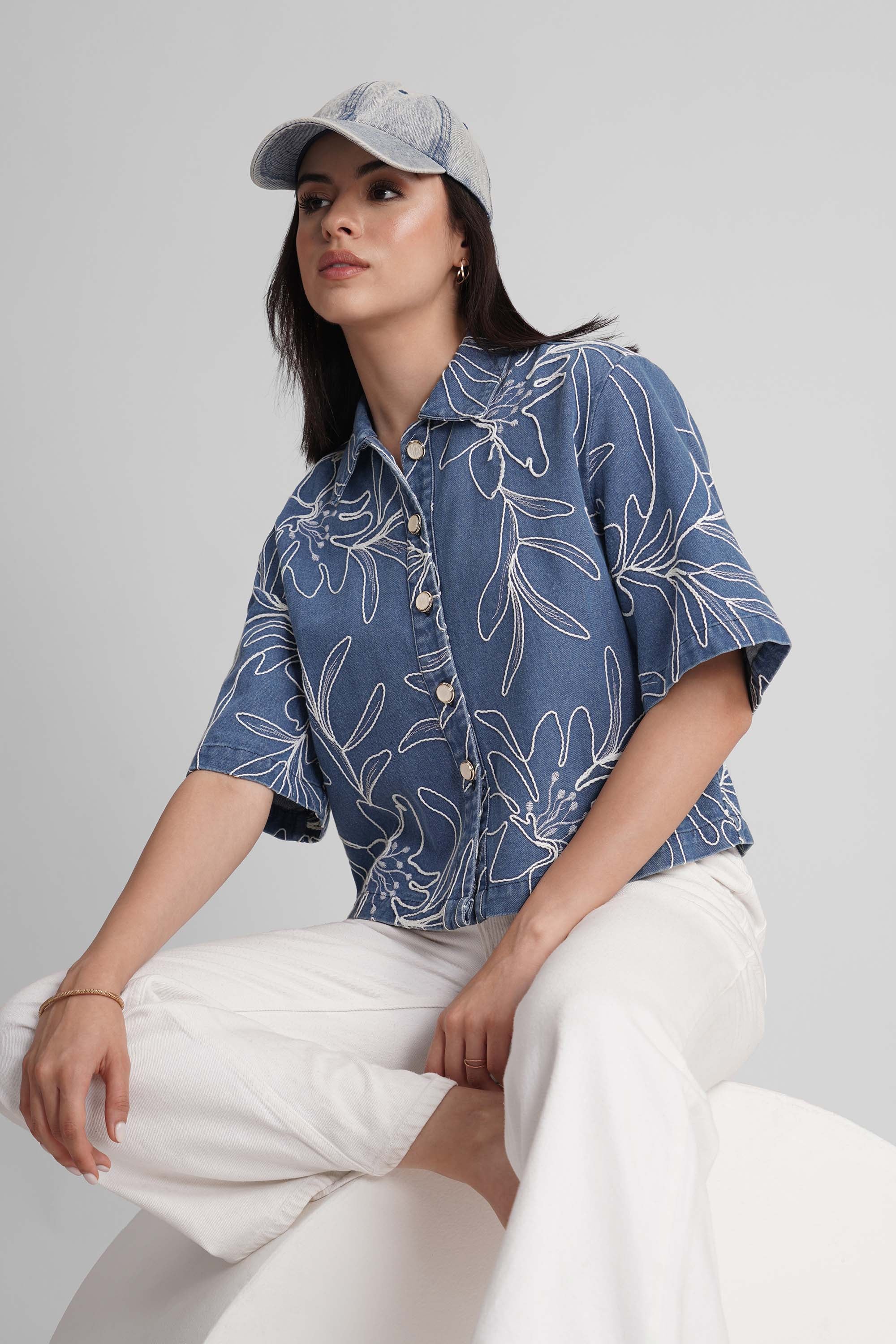COVE EMBROIDERED DENIM SHIRT WITH JEWEL BUTTONS - Sunday Story