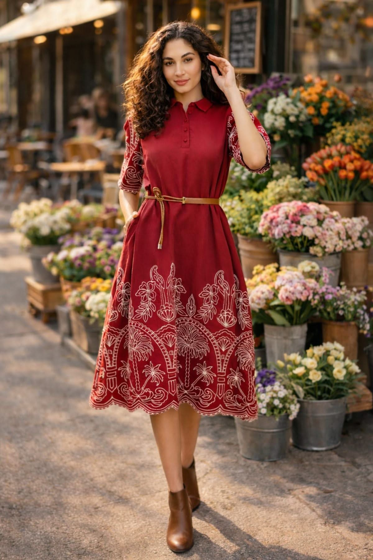 ALBA EMBROIDERED VISCOSE NYLON MIDI DRESS WITH BELT - Sunday Story