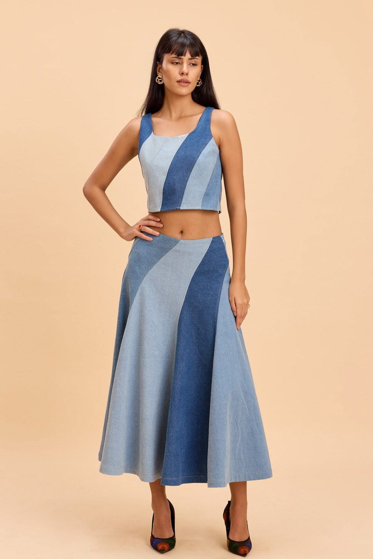 ALICE PANELLED CROP TOP AND FLARED MIDI SKIRT DENIM CO-ORD SET - Sunday Story