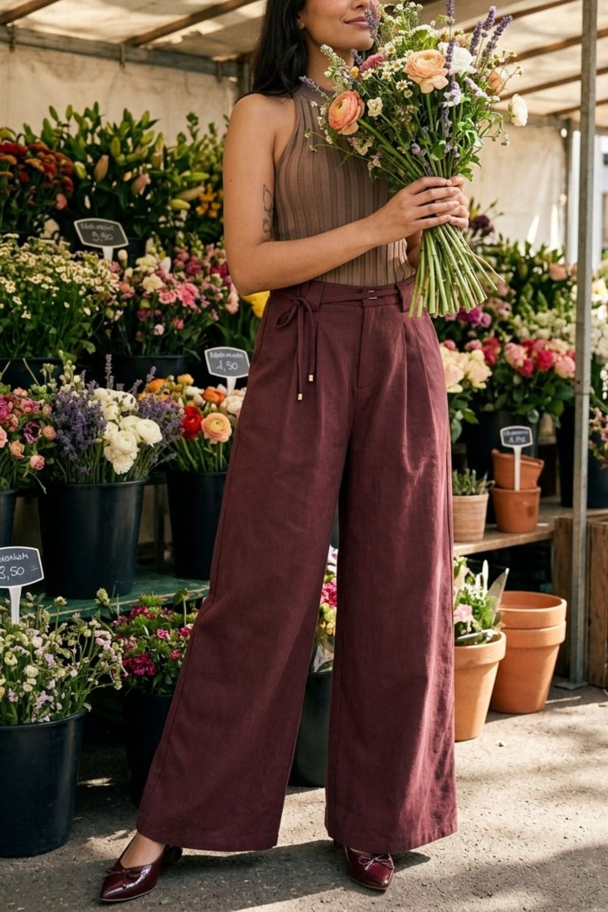 ALINA WIDE ANKLE PLEATED PANT WITH JEWEL BUTTON AND ROPE BELT - Sunday Story