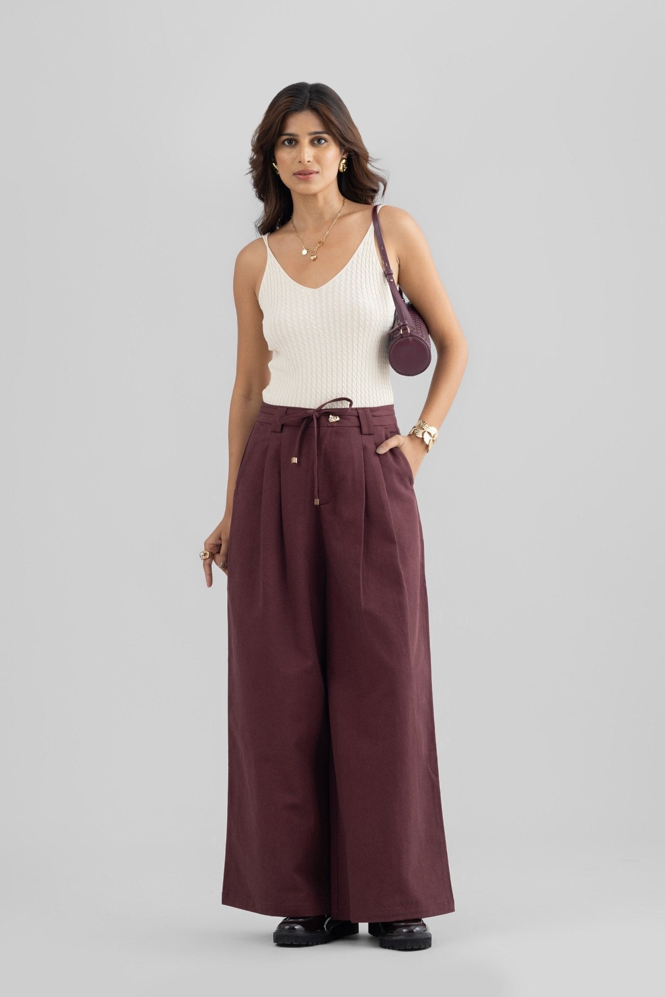 ALINA WIDE ANKLE PLEATED PANT WITH JEWEL BUTTON AND ROPE BELT - Sunday Story