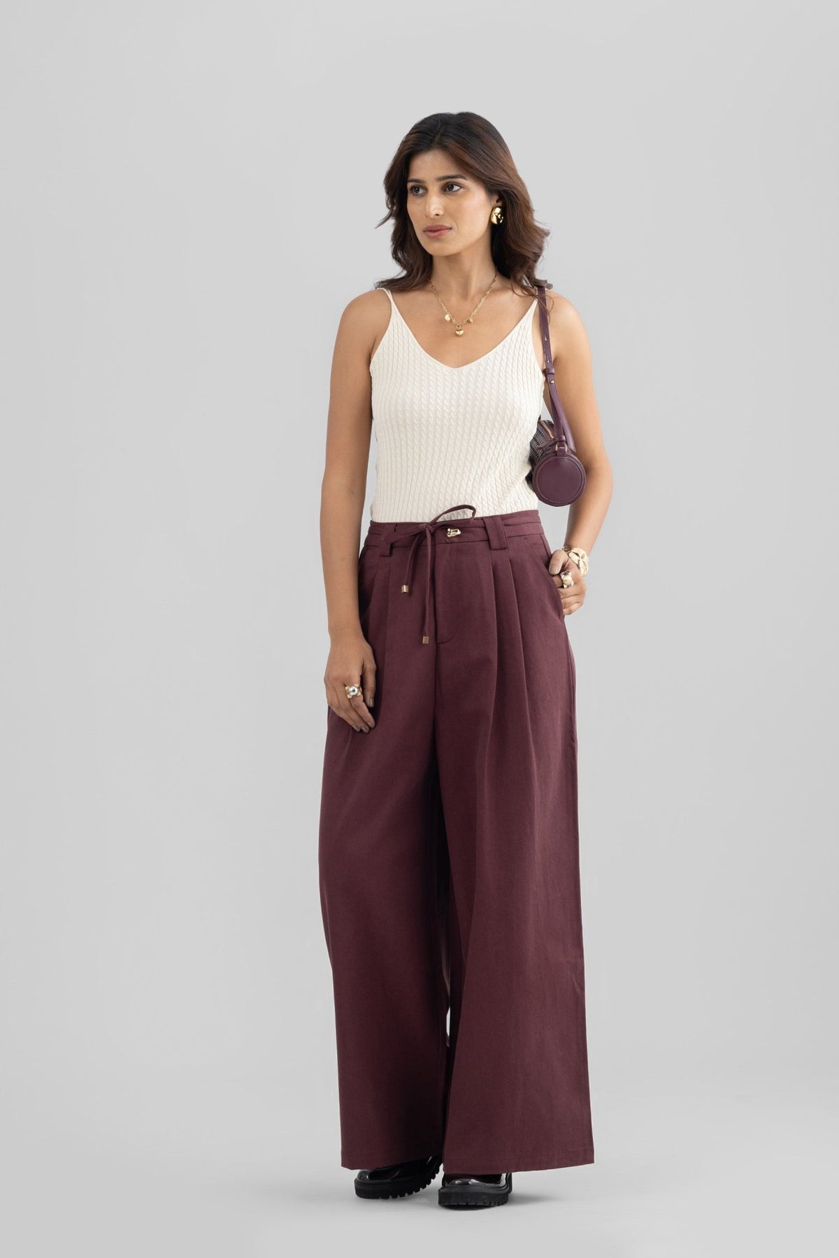 ALINA WIDE ANKLE PLEATED PANT WITH JEWEL BUTTON AND ROPE BELT - Sunday Story