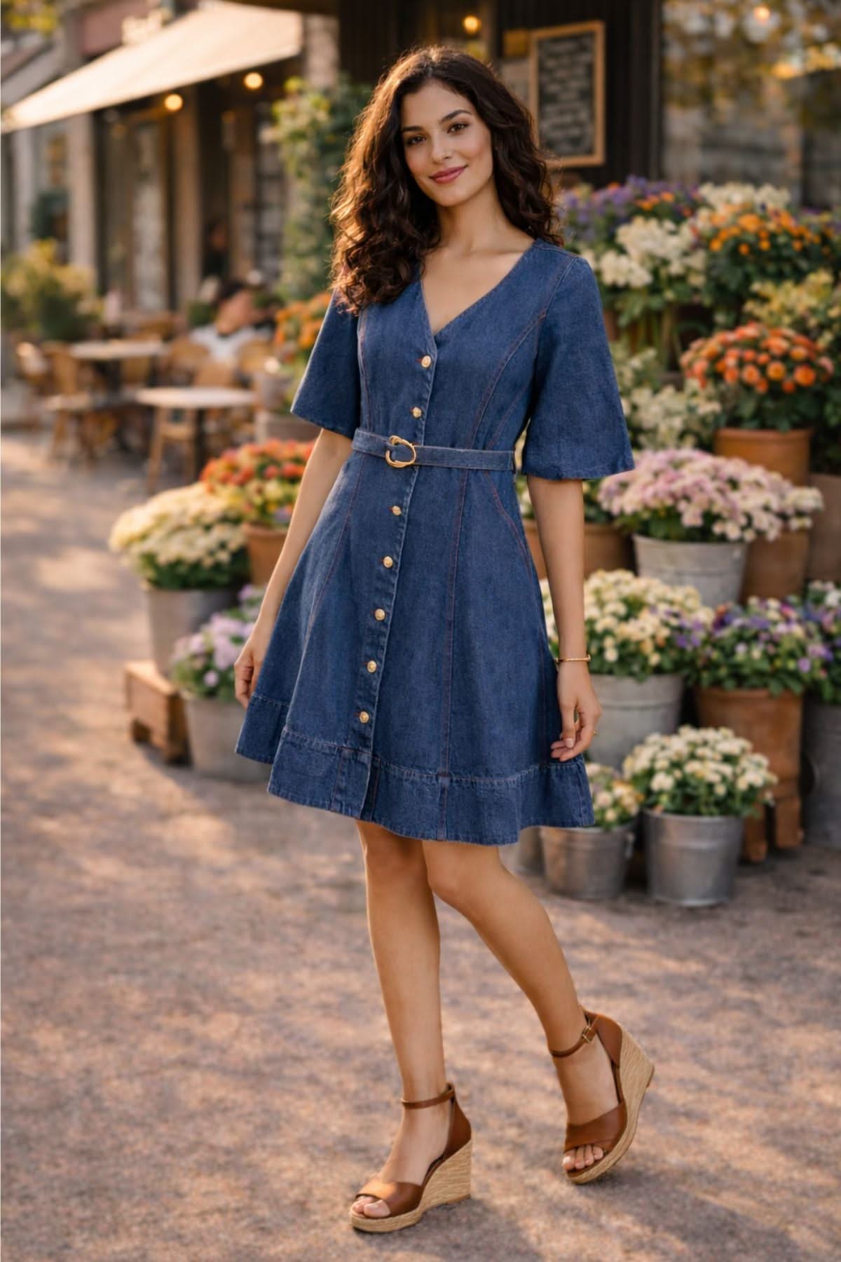 ALORA COTTON DENIM FIT AND FLARE V-NECK SHORT DRESS - Sunday Story
