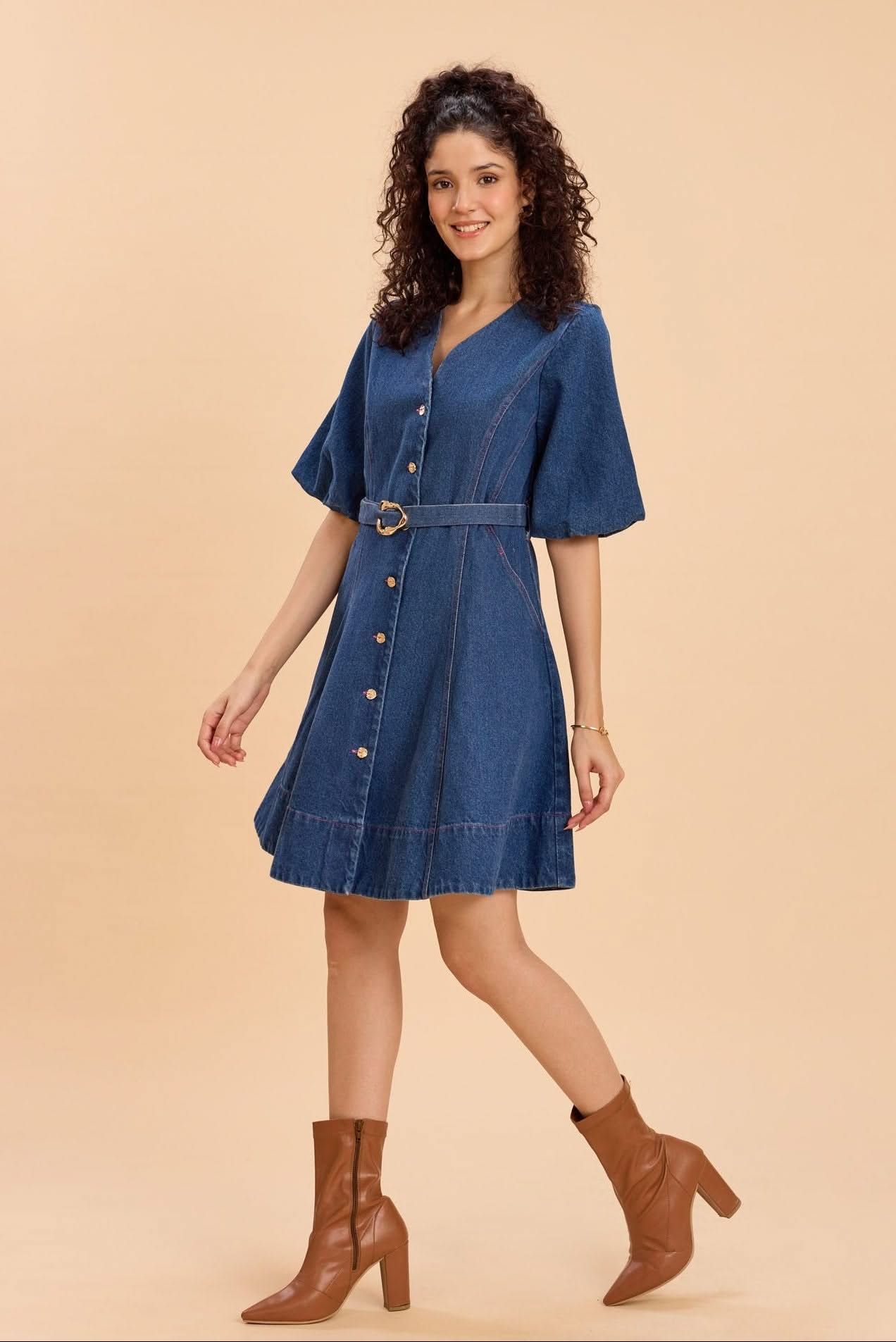 ALORA COTTON DENIM FIT AND FLARE V-NECK SHORT DRESS - Sunday Story