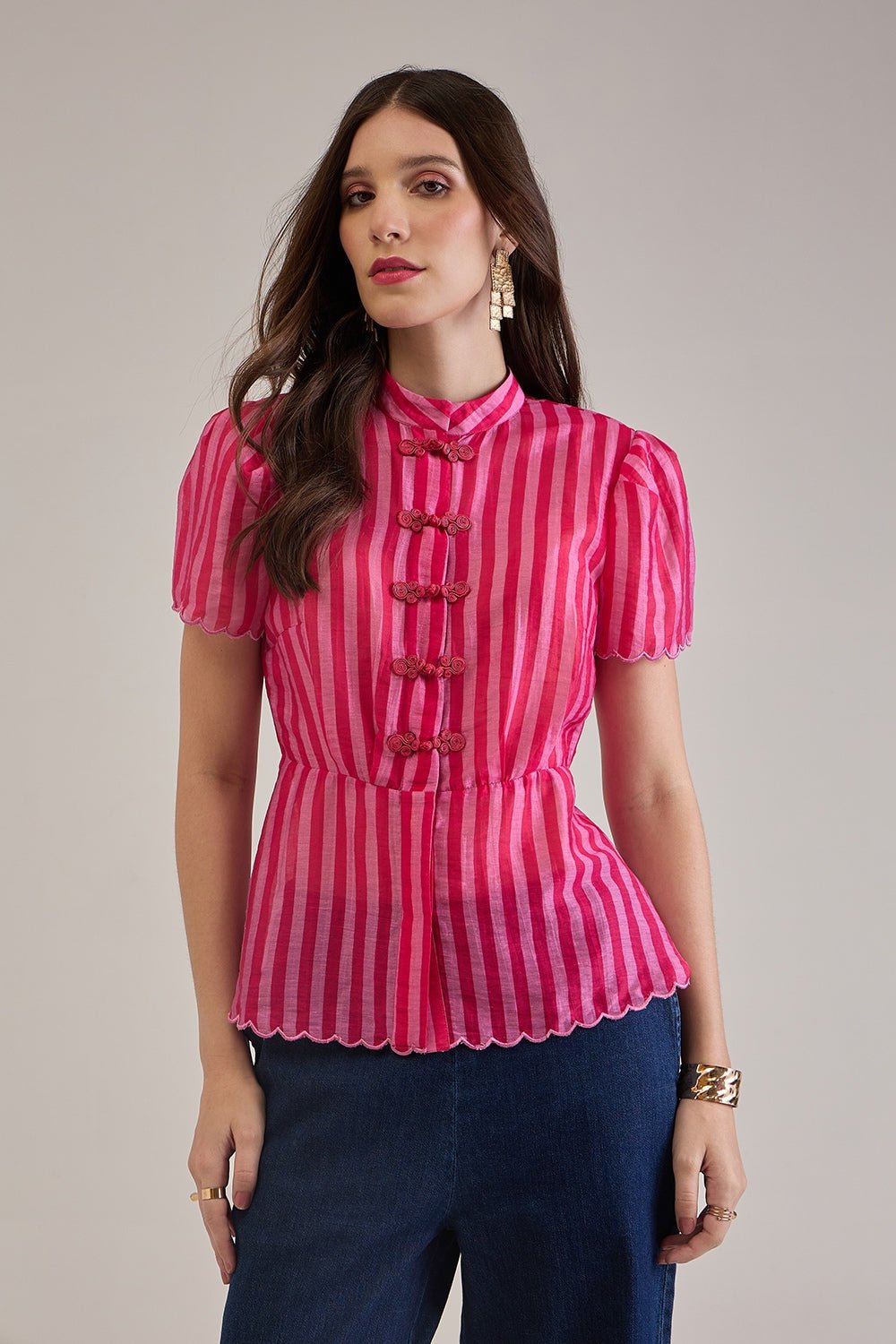 AMMY PINK STRIPED SCALLOPED PEPLUM TOP WITH FROG BUTTONS - Sunday Story