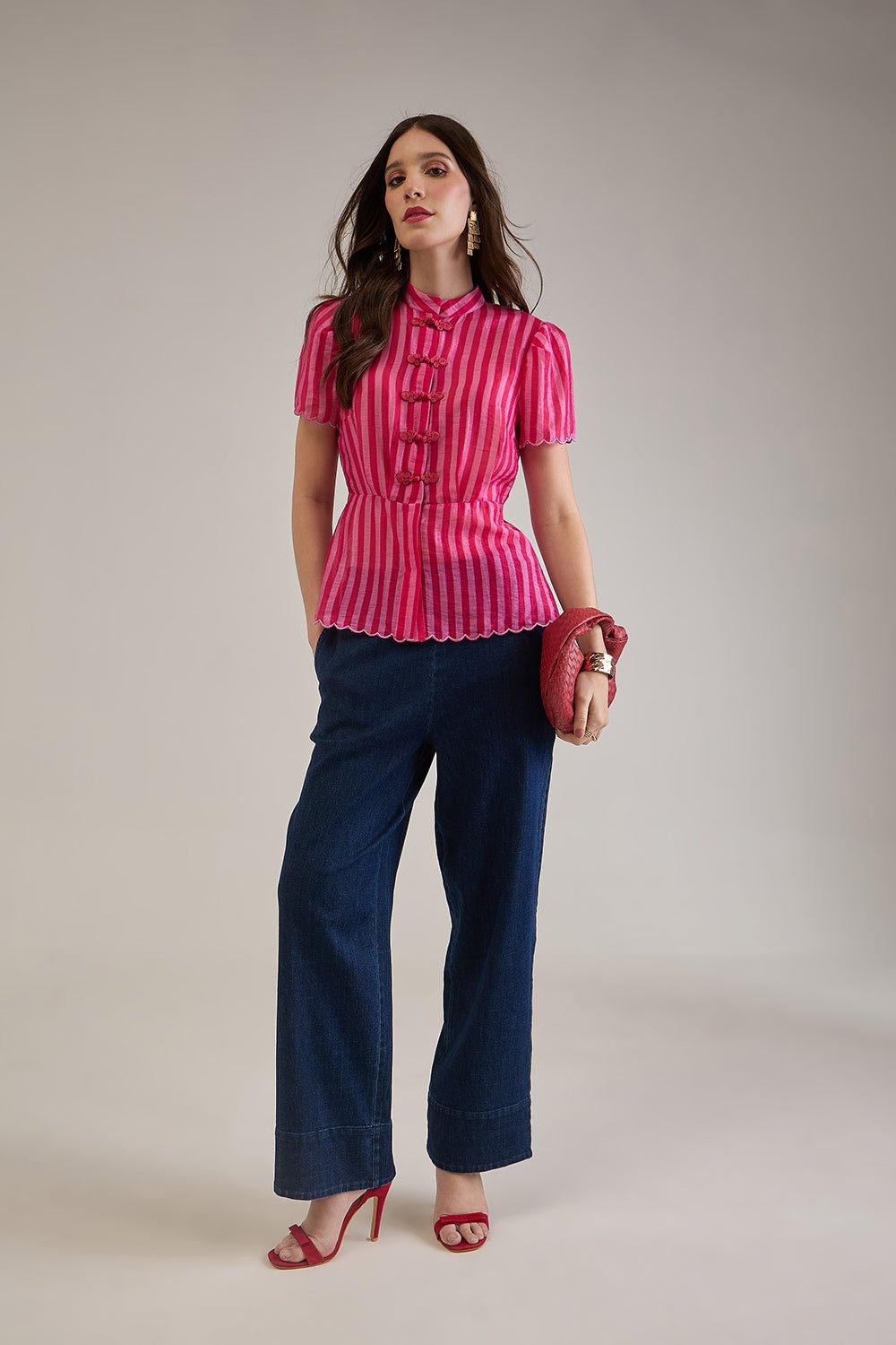 AMMY PINK STRIPED SCALLOPED PEPLUM TOP WITH FROG BUTTONS - Sunday Story