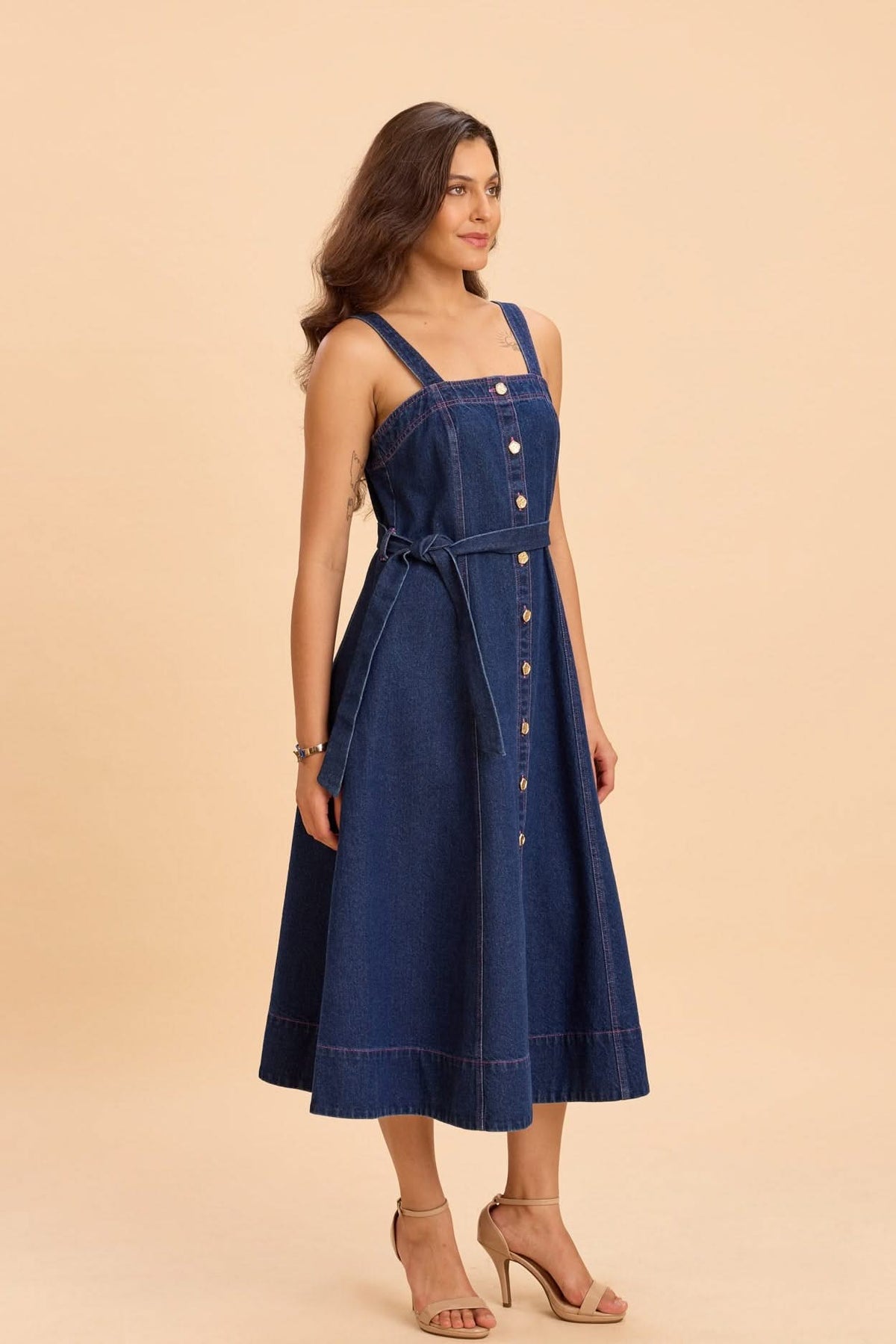 ANDREA COTTON DENIM FIT AND FLARE STRAPPY MIDI DRESS - Sunday Story