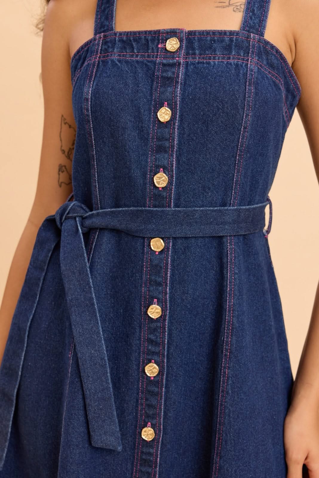 ANDREA COTTON DENIM FIT AND FLARE STRAPPY MIDI DRESS - Sunday Story