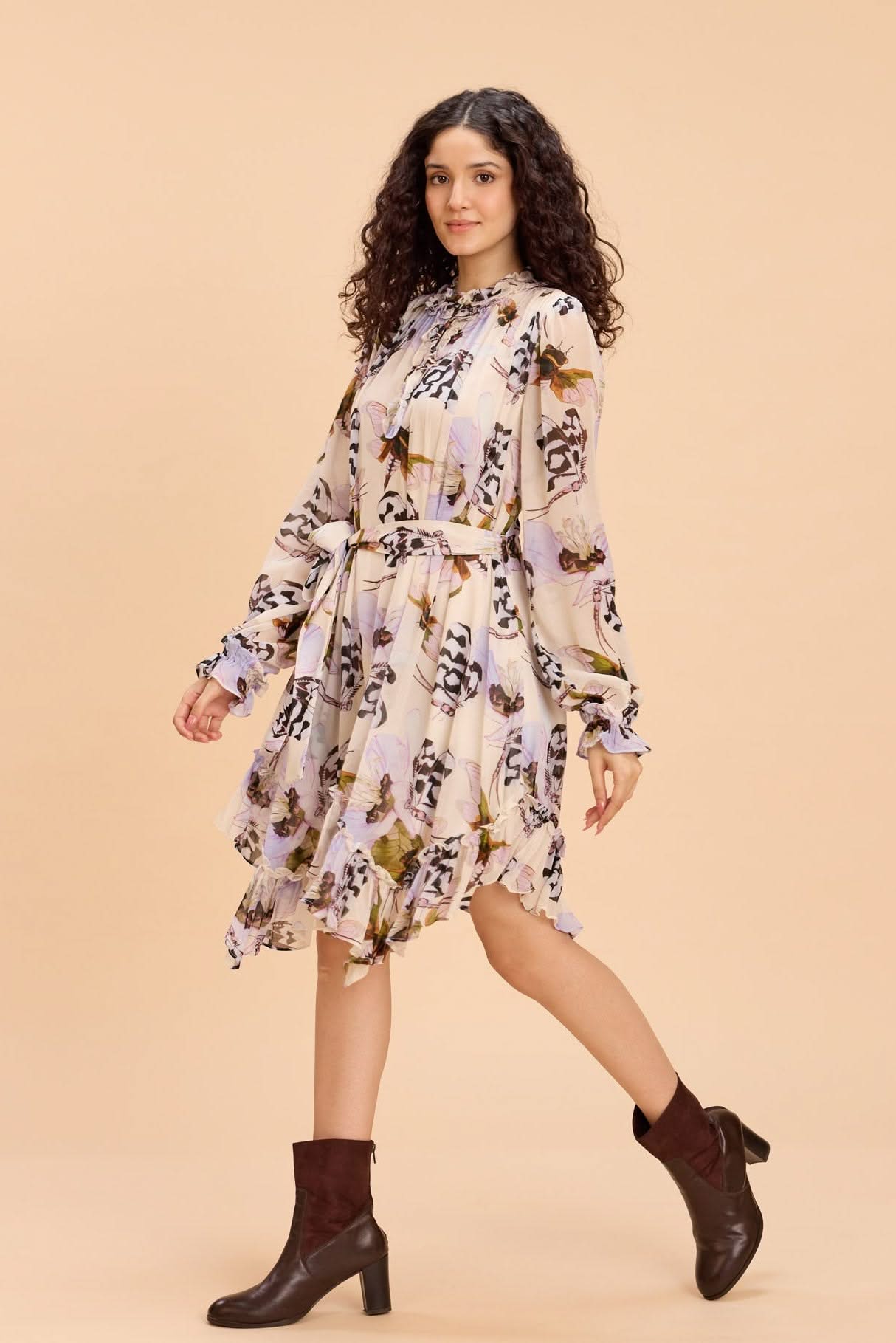 ANDY PRINTED VISCOSE GEORGETTE DRESS WITH ASSYMETRIC HEMLINE - Sunday Story