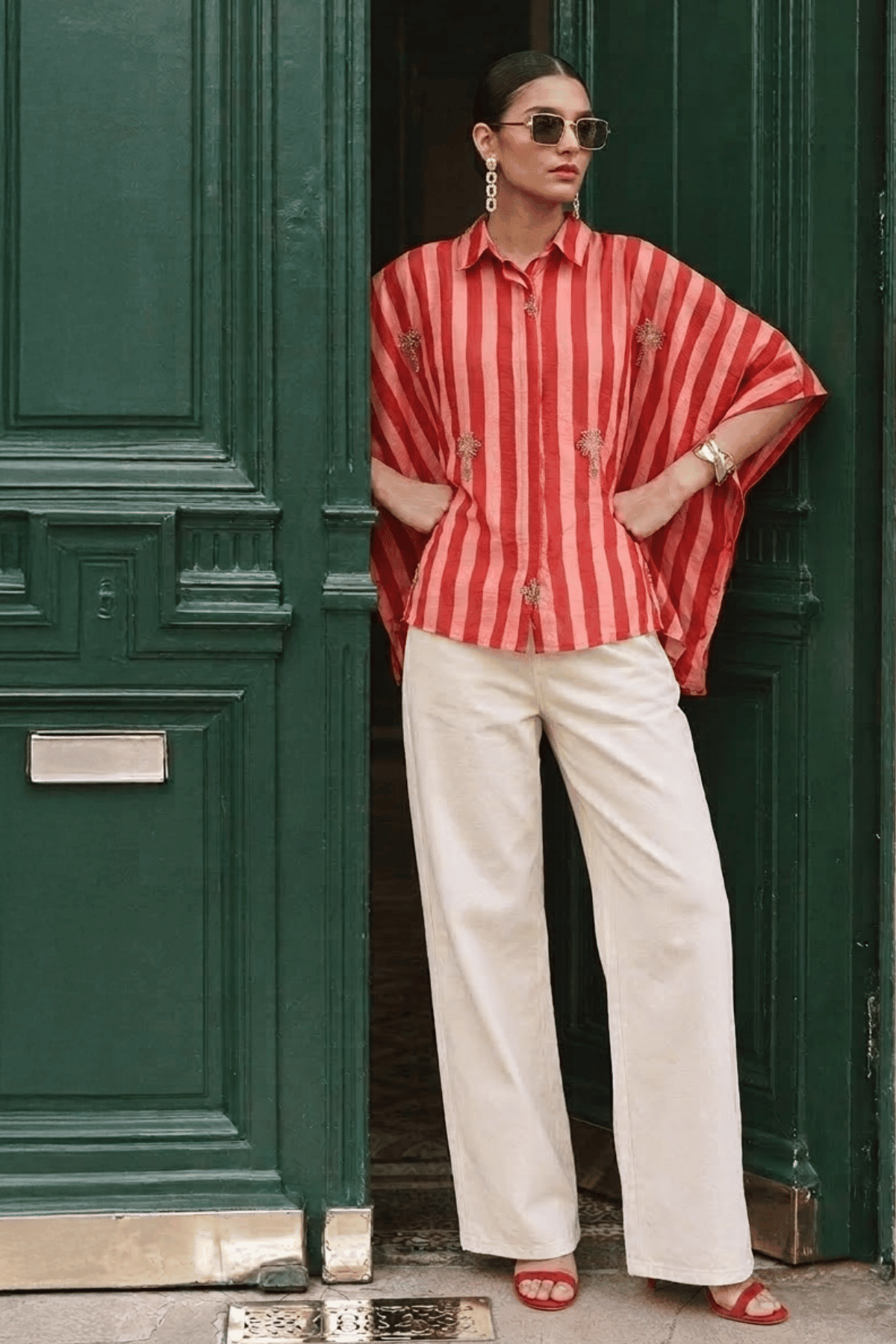 ANNE RUST CORAL STRIPED EMBELLISHED KAFTAN SHIRT - Sunday Story