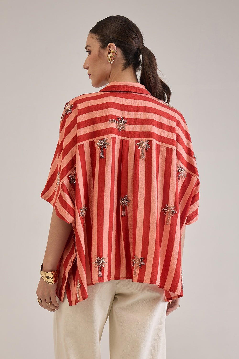 ANNE RUST CORAL STRIPED EMBELLISHED KAFTAN SHIRT - Sunday Story