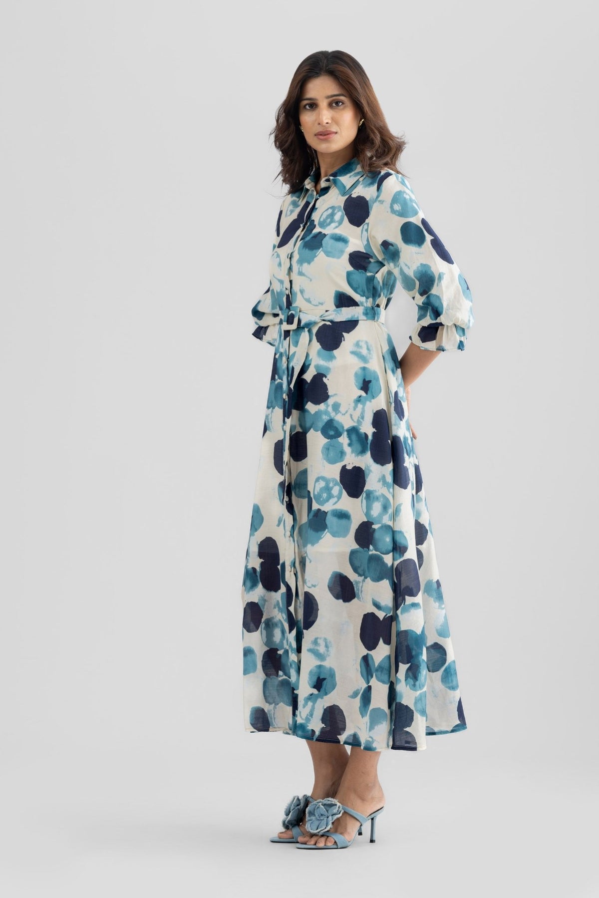ASTER PRINTED VISCOSE A LINE MIDI DRESS WITH SELF FABRIC BELT - Sunday Story