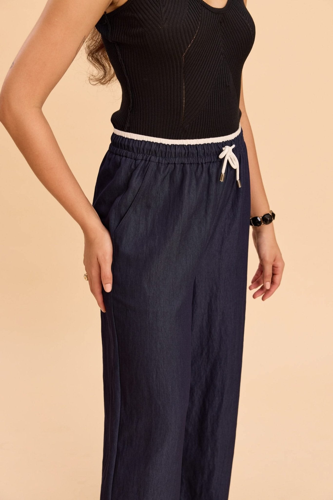 ASTRID WIDE ANKLE DENIM PANTS WITH CONTRAST WAIST BAND - Sunday Story