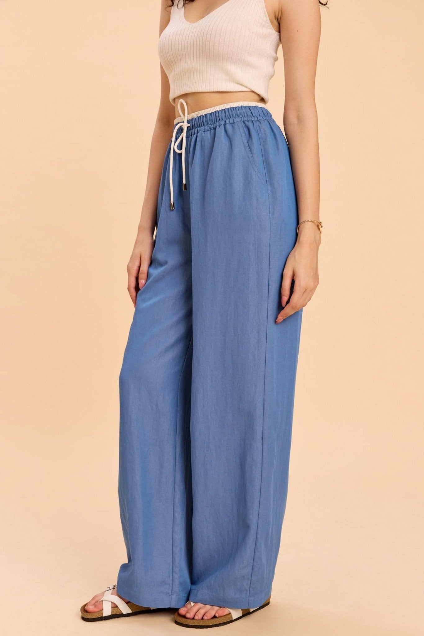 ASTRID WIDE ANKLE DENIM PANTS WITH CONTRAST WAIST BAND - Sunday Story
