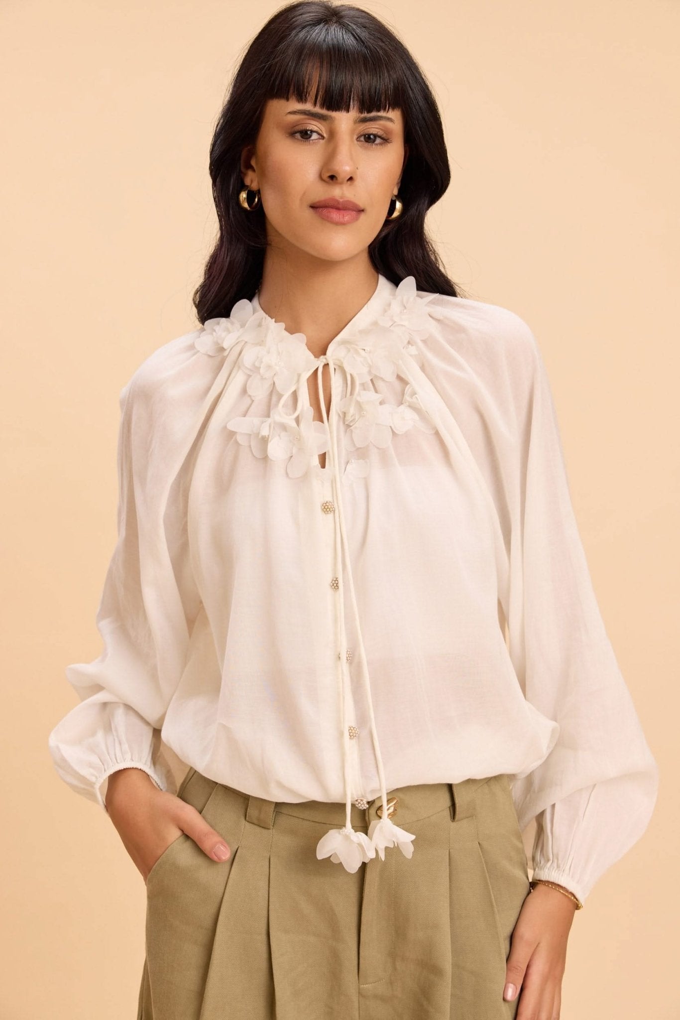 BAILEY COTTON VISCOSE POET SHIRT WITH 3D FLORAL EMBELLISHMENTS - Sunday Story