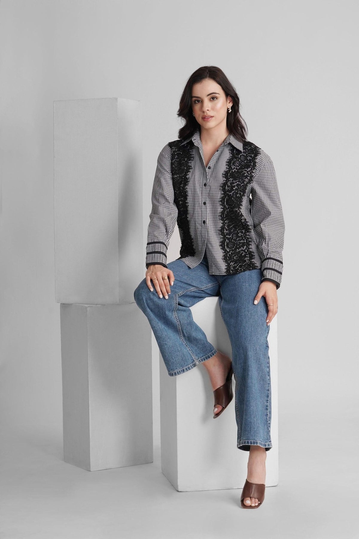 BENNET CHECKED COTTON SHIRT WITH LACE DETAIL - Sunday Story