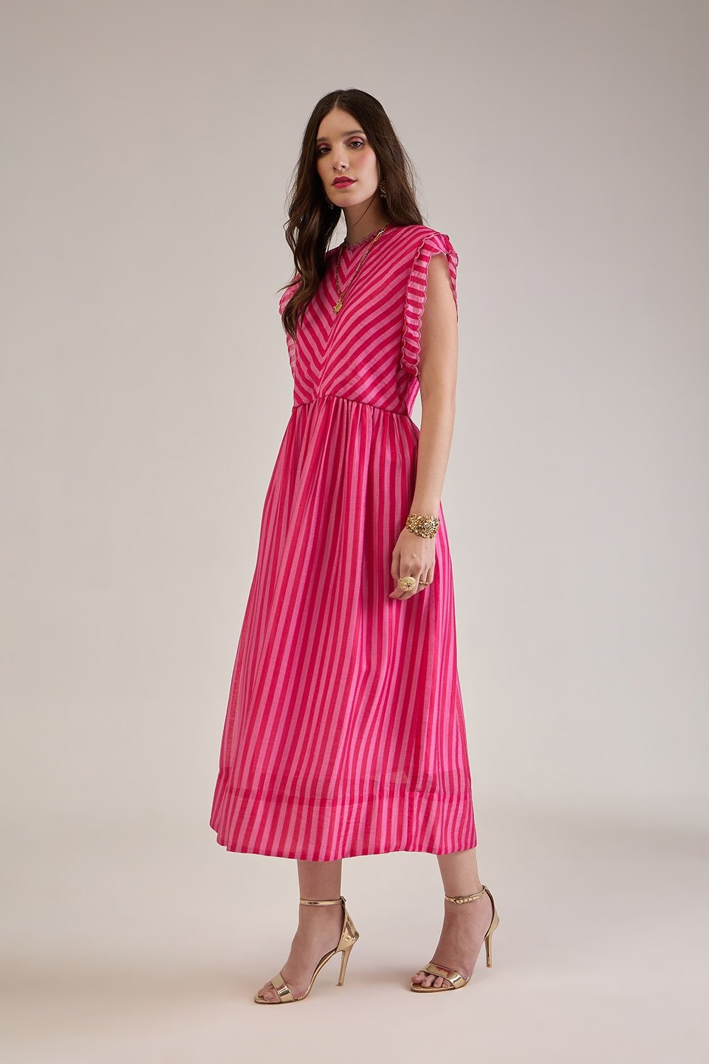 BEVIN PINK FUCHSIA STRIPED SCALLOPED FIT & FLARE MIDI DRESS - Sunday Story