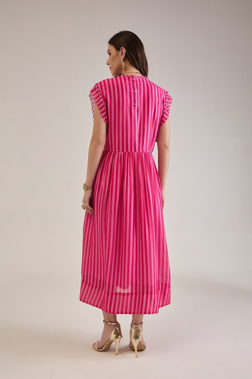 BEVIN PINK FUCHSIA STRIPED SCALLOPED FIT & FLARE MIDI DRESS - Sunday Story