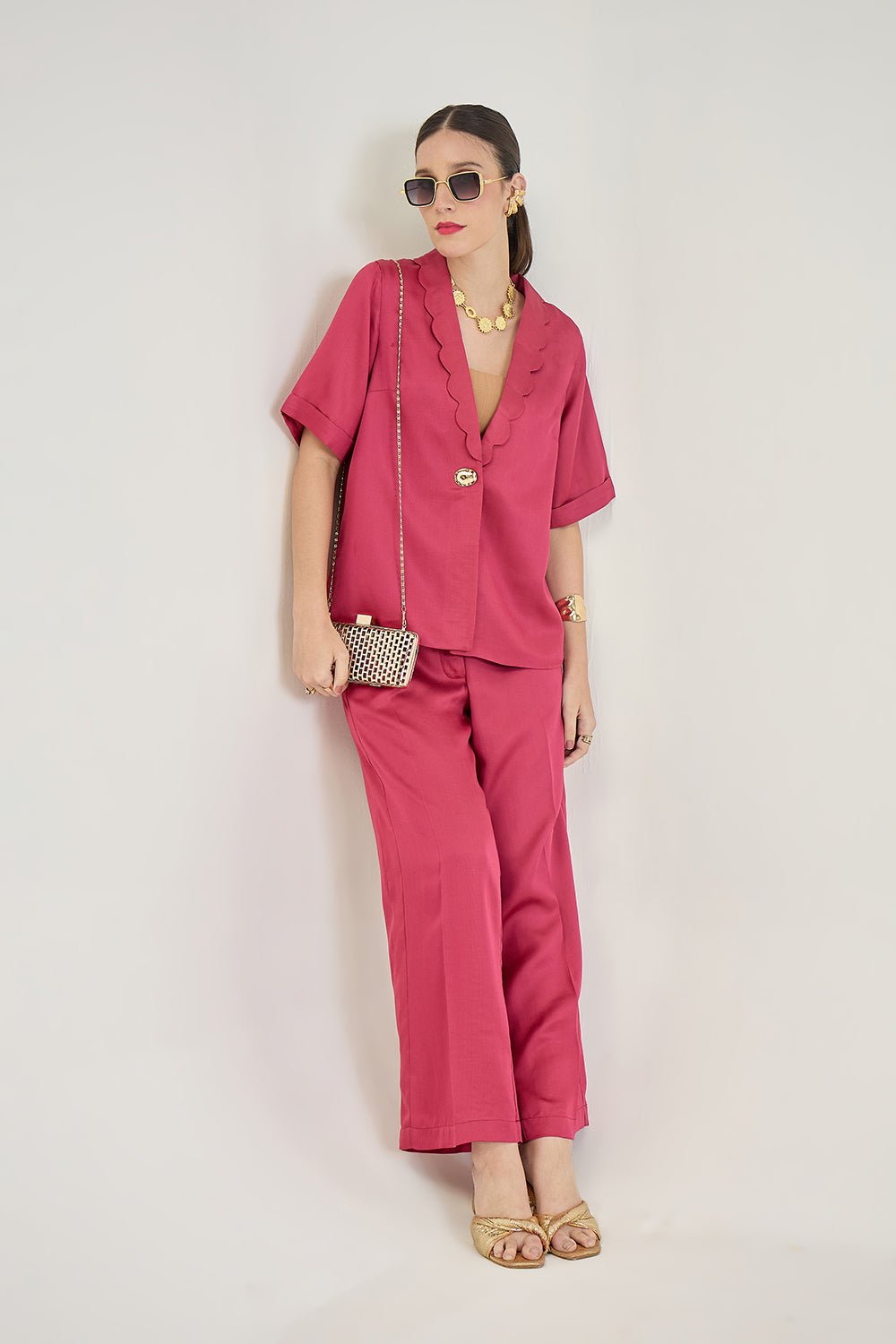 BRIDGET FUCHSIA LINEN SATIN SCALLOP DETAIL BLAZER & PANT CO-ORD - Sunday Story