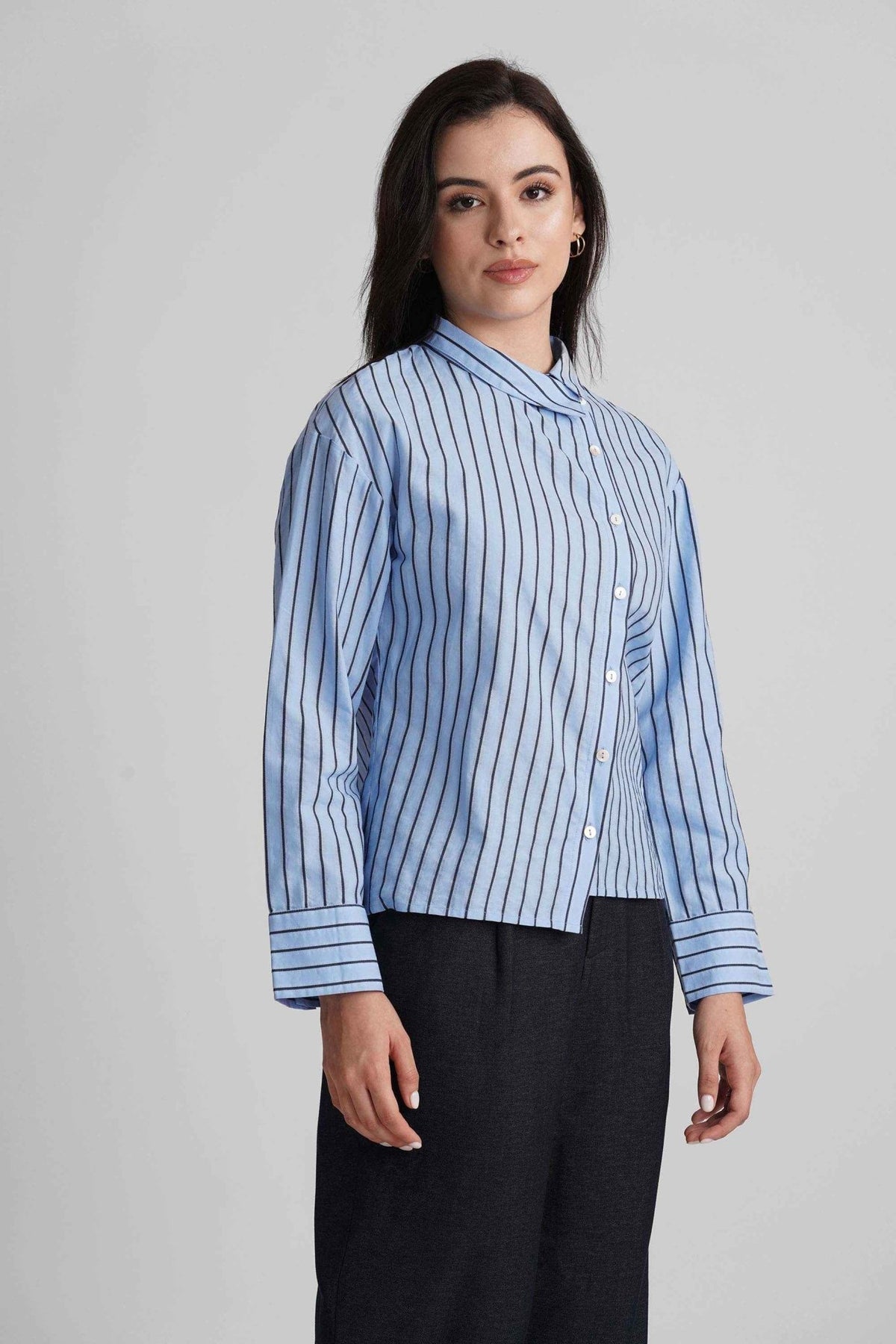 BRIONY COTTON STRIPE SHIRT WITH ASYMETRICAL PLACKET - Sunday Story