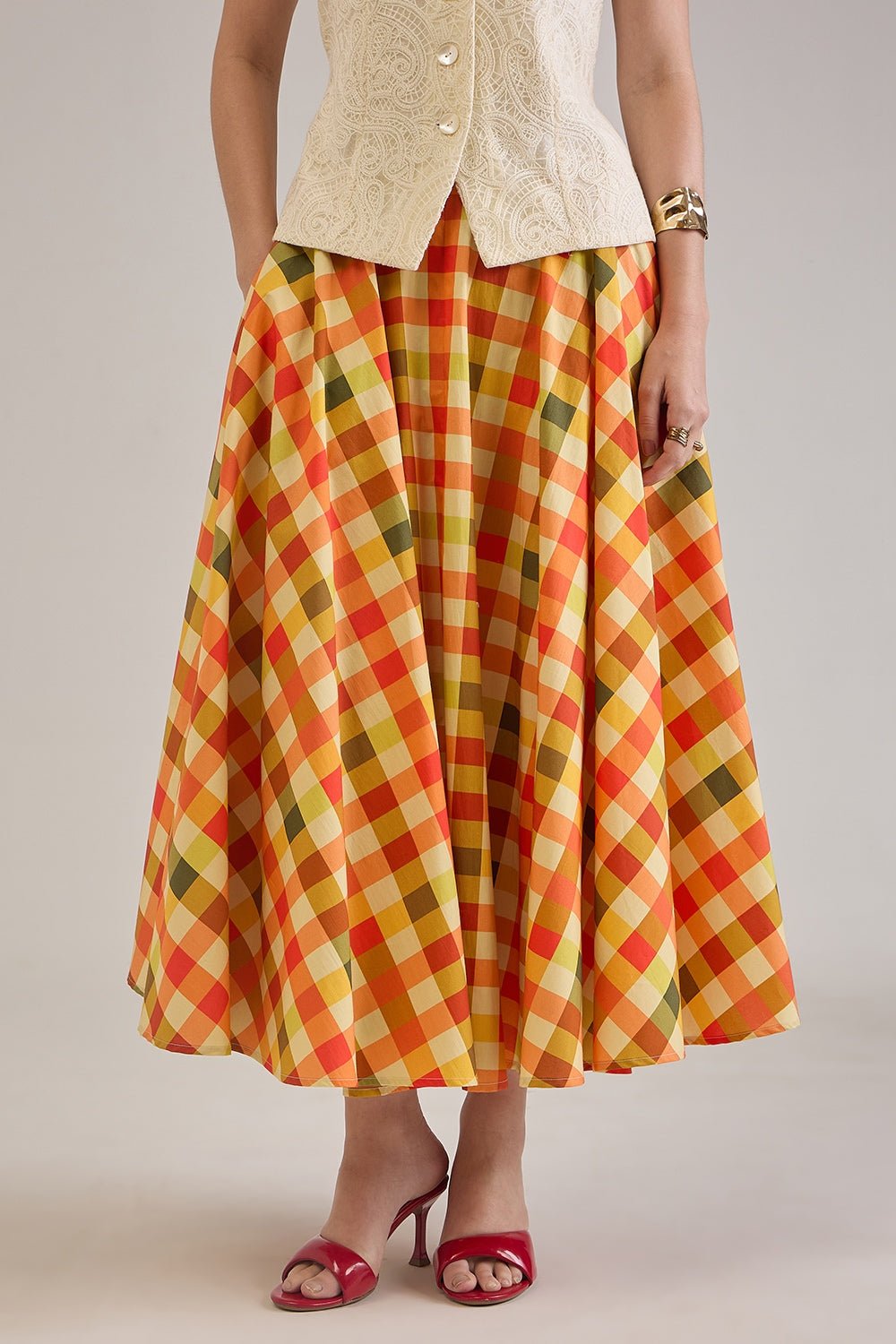 BRIONY PRINTED CHECK COTTON MIDI CIRCLE SKIRT - Sunday Story