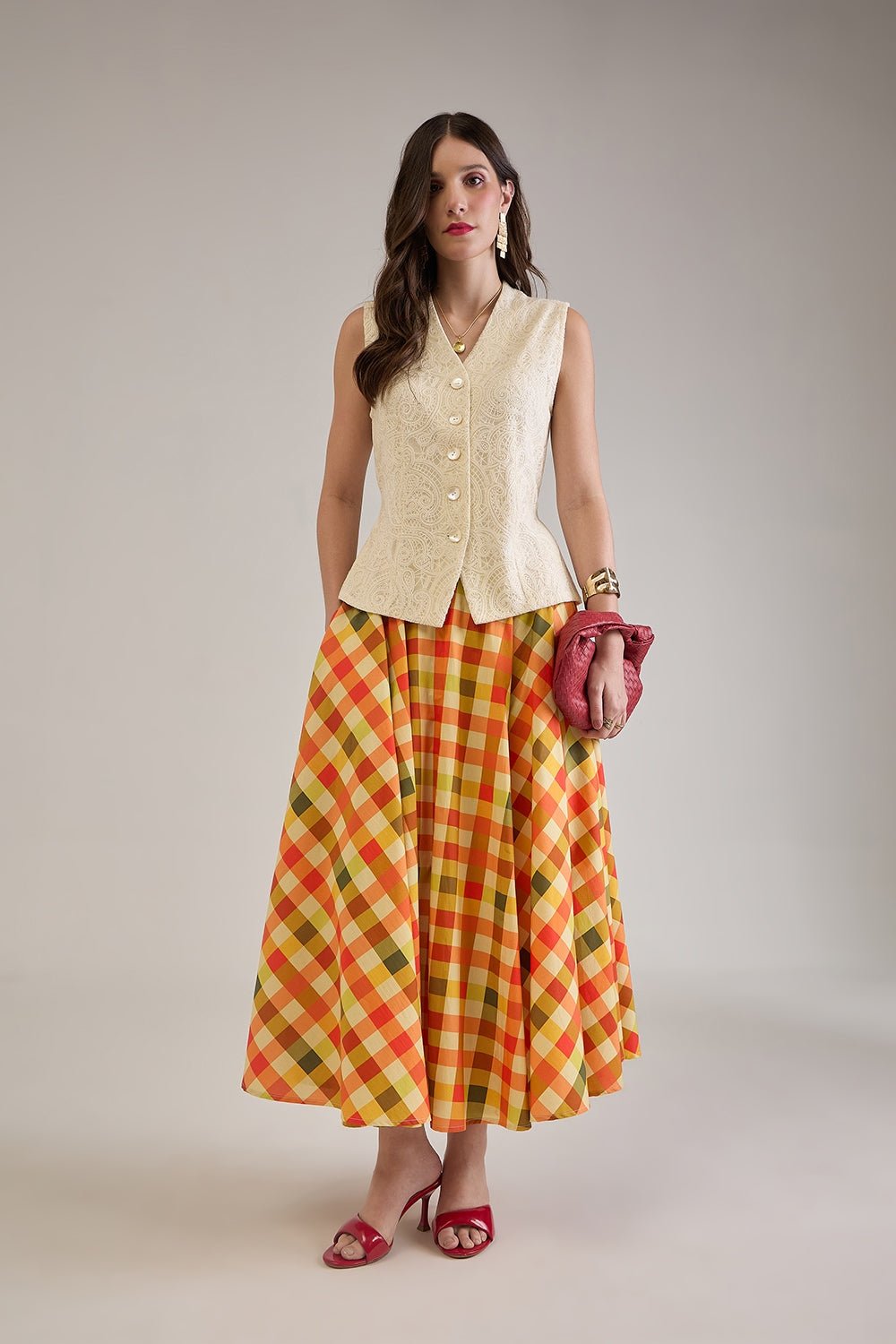 BRIONY PRINTED CHECK COTTON MIDI CIRCLE SKIRT - Sunday Story