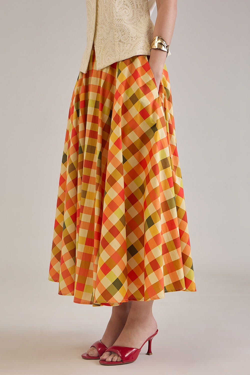 BRIONY PRINTED CHECK COTTON MIDI CIRCLE SKIRT - Sunday Story