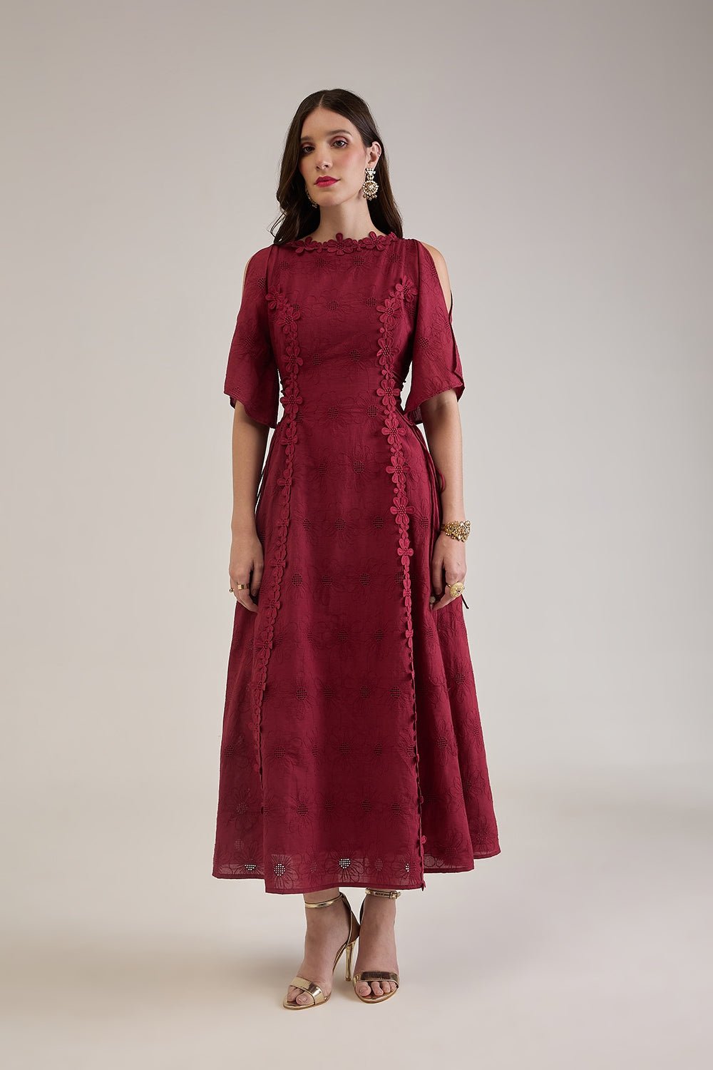 CHERRY COTTON SCHIFFLI FIT AND FLARED MIDI DRESS WITH 3D LACE DETAIL - Sunday Story