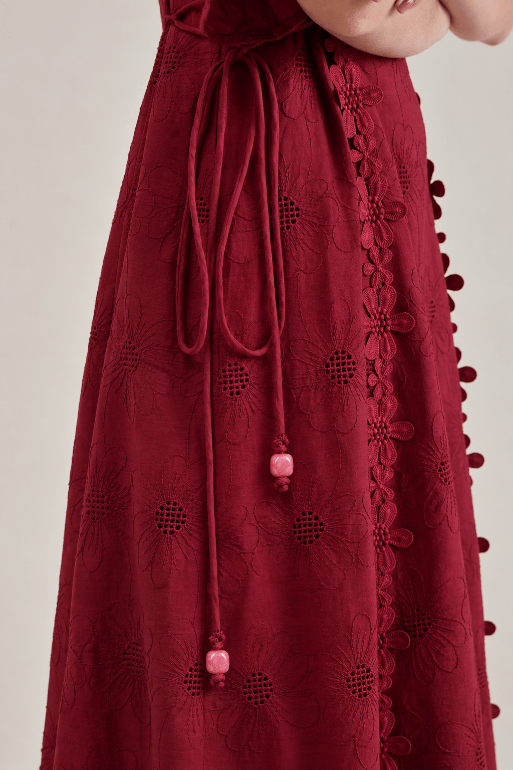 CHERRY COTTON SCHIFFLI FIT AND FLARED MIDI DRESS WITH 3D LACE DETAIL - Sunday Story