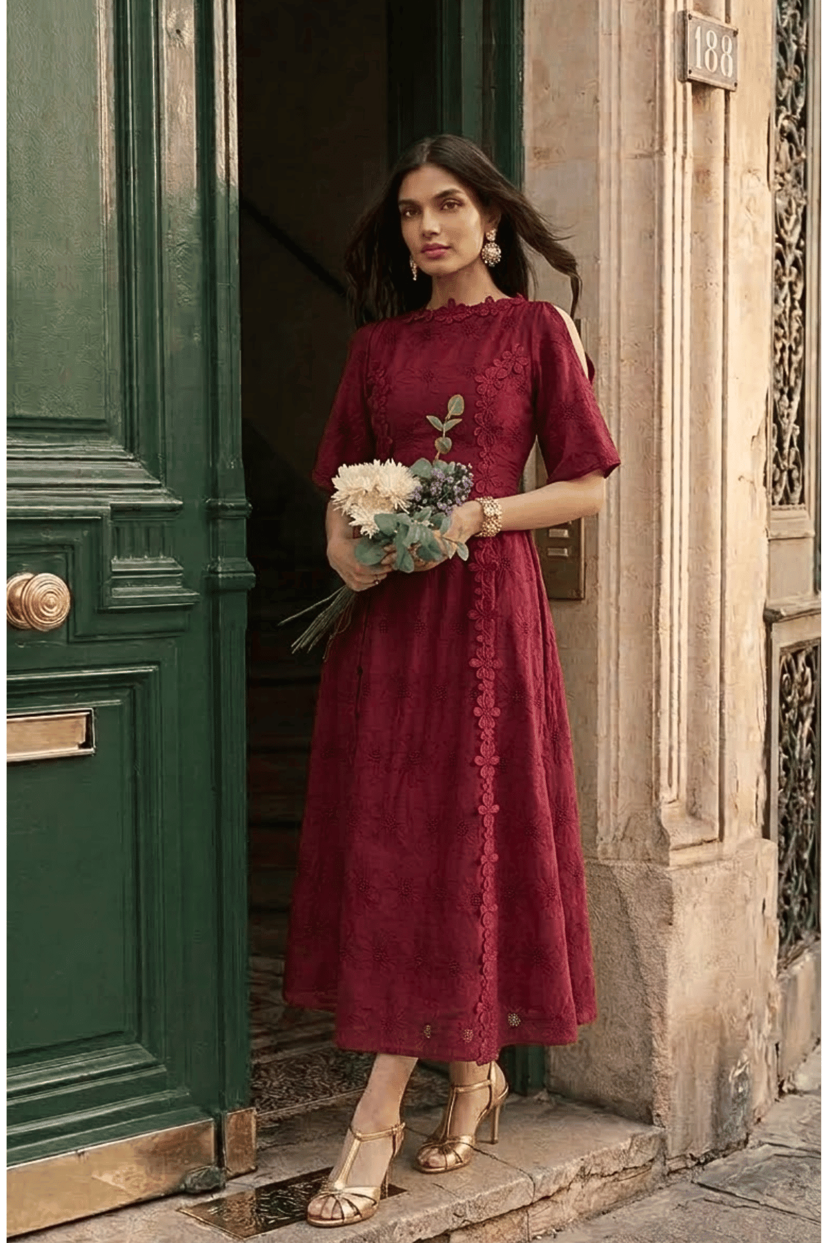 CHERRY COTTON SCHIFFLI FIT AND FLARED MIDI DRESS WITH 3D LACE DETAIL - Sunday Story